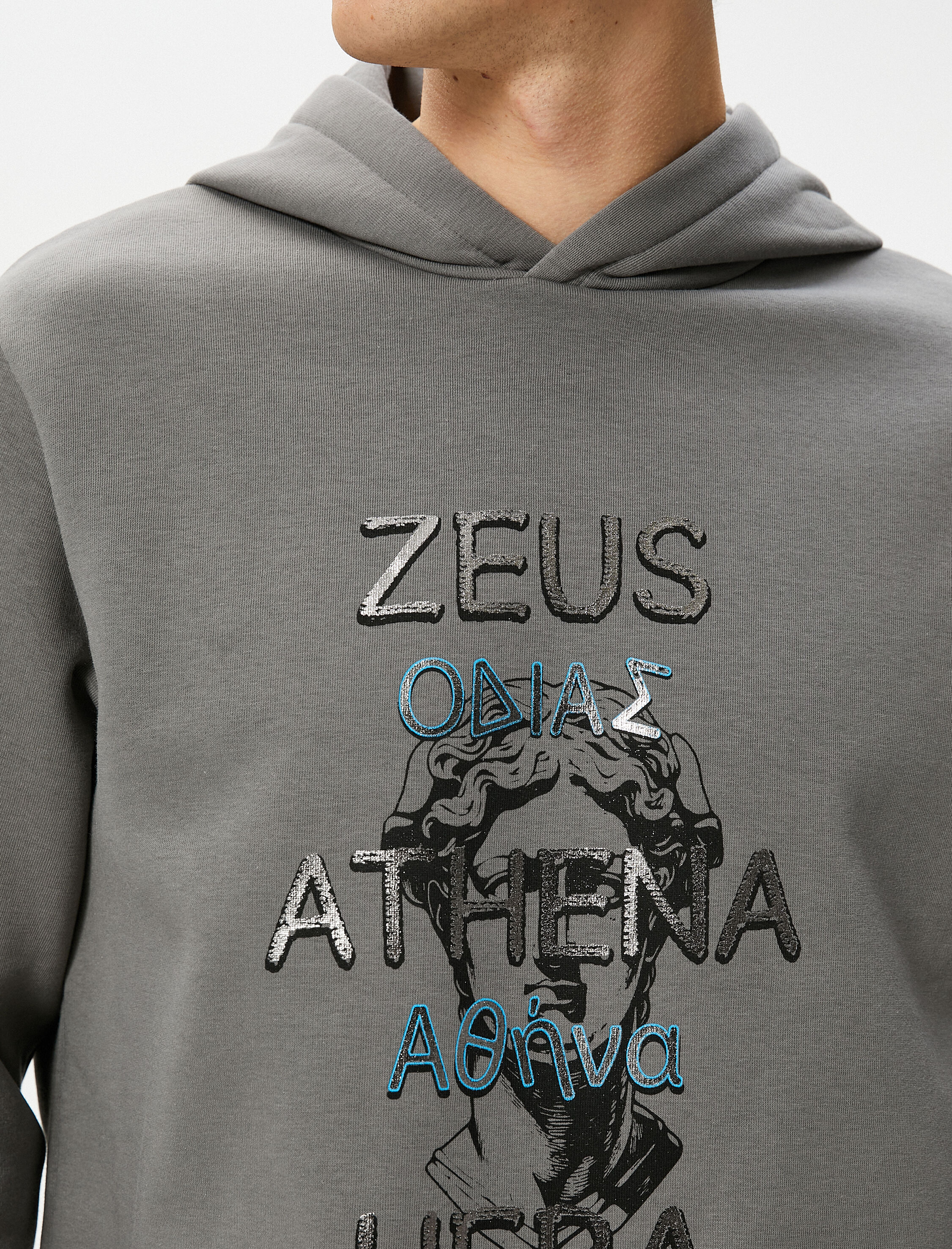   Kapşonlu Sweatshirt Mitoloji Temalı Baskılı Ribanalı Uzun Kollu Şardonlu