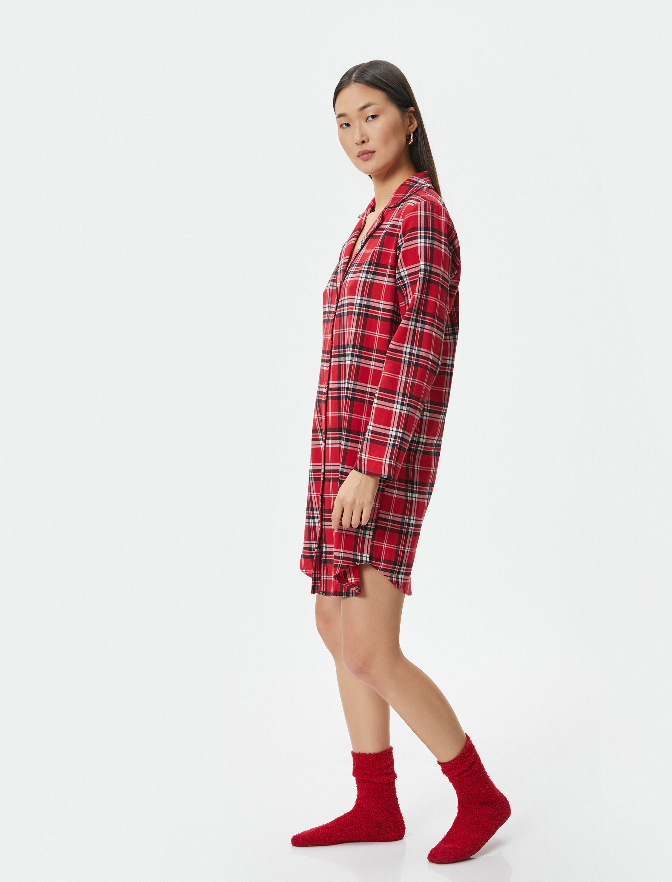   Mini Gömlek Gecelik Uzun Kollu Düğmeli Yılbaşı Temalı