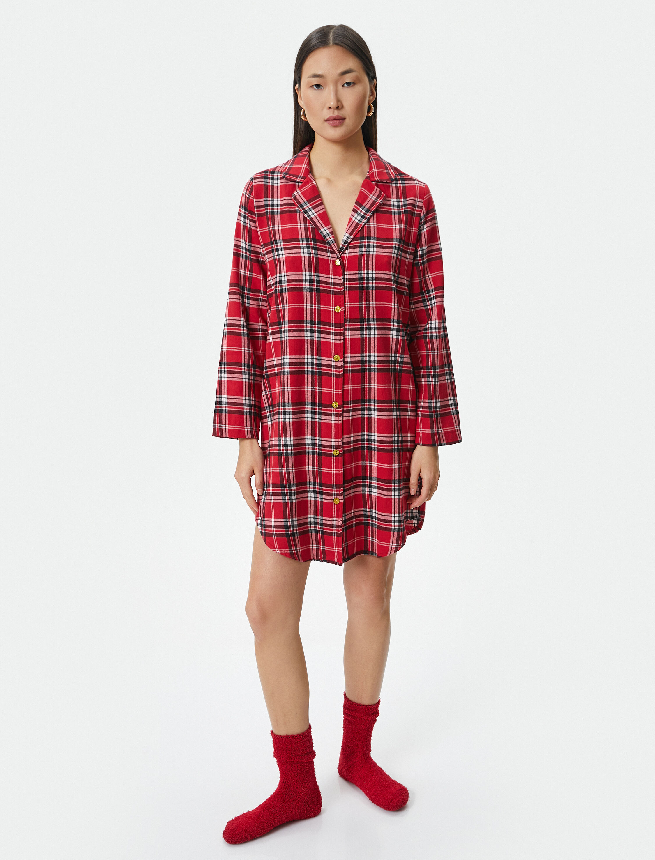   Mini Gömlek Gecelik Uzun Kollu Düğmeli Yılbaşı Temalı