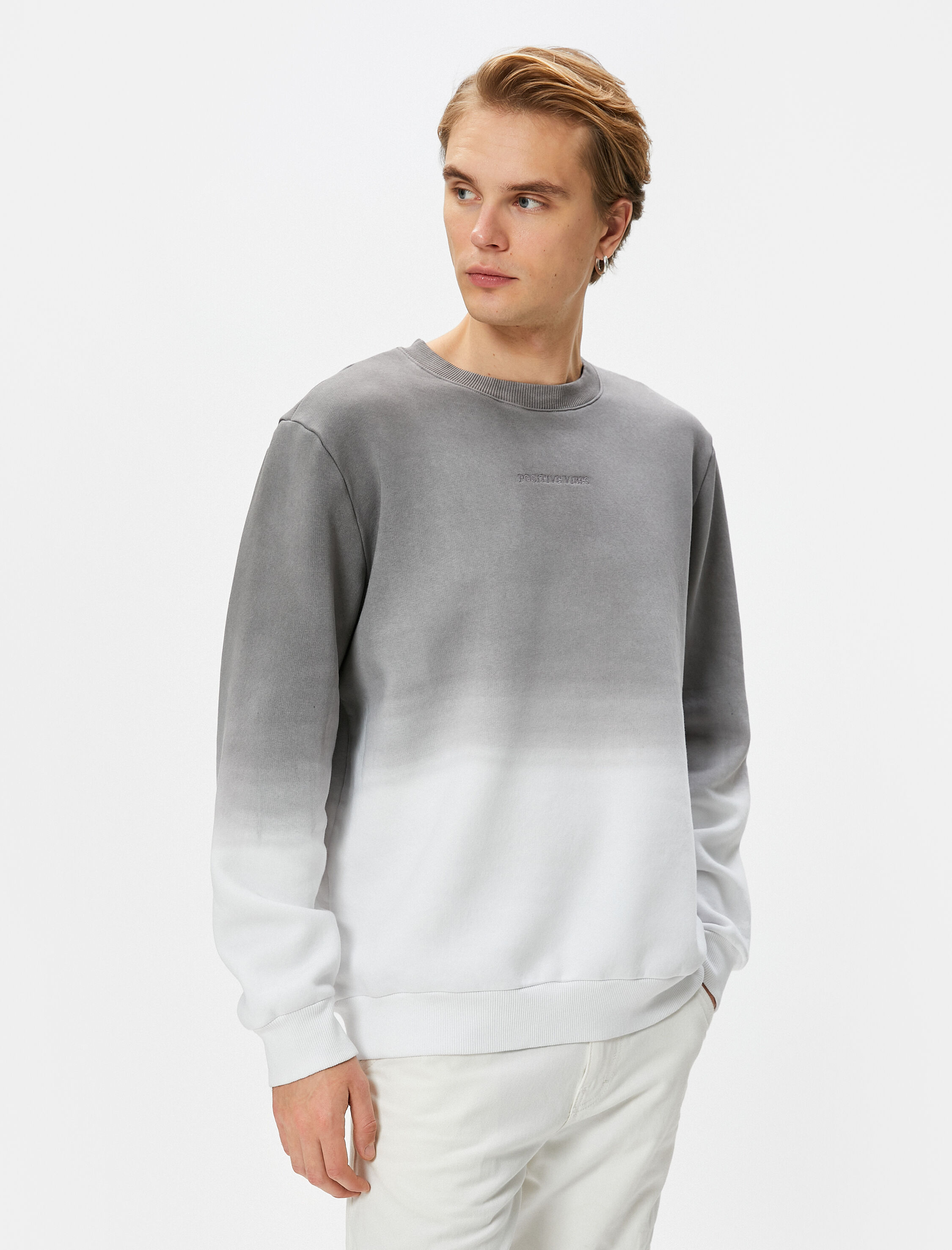 Slogan İşlemeli Sweatshirt Soyut Baskılı Bisiklet Yaka Şardonlu