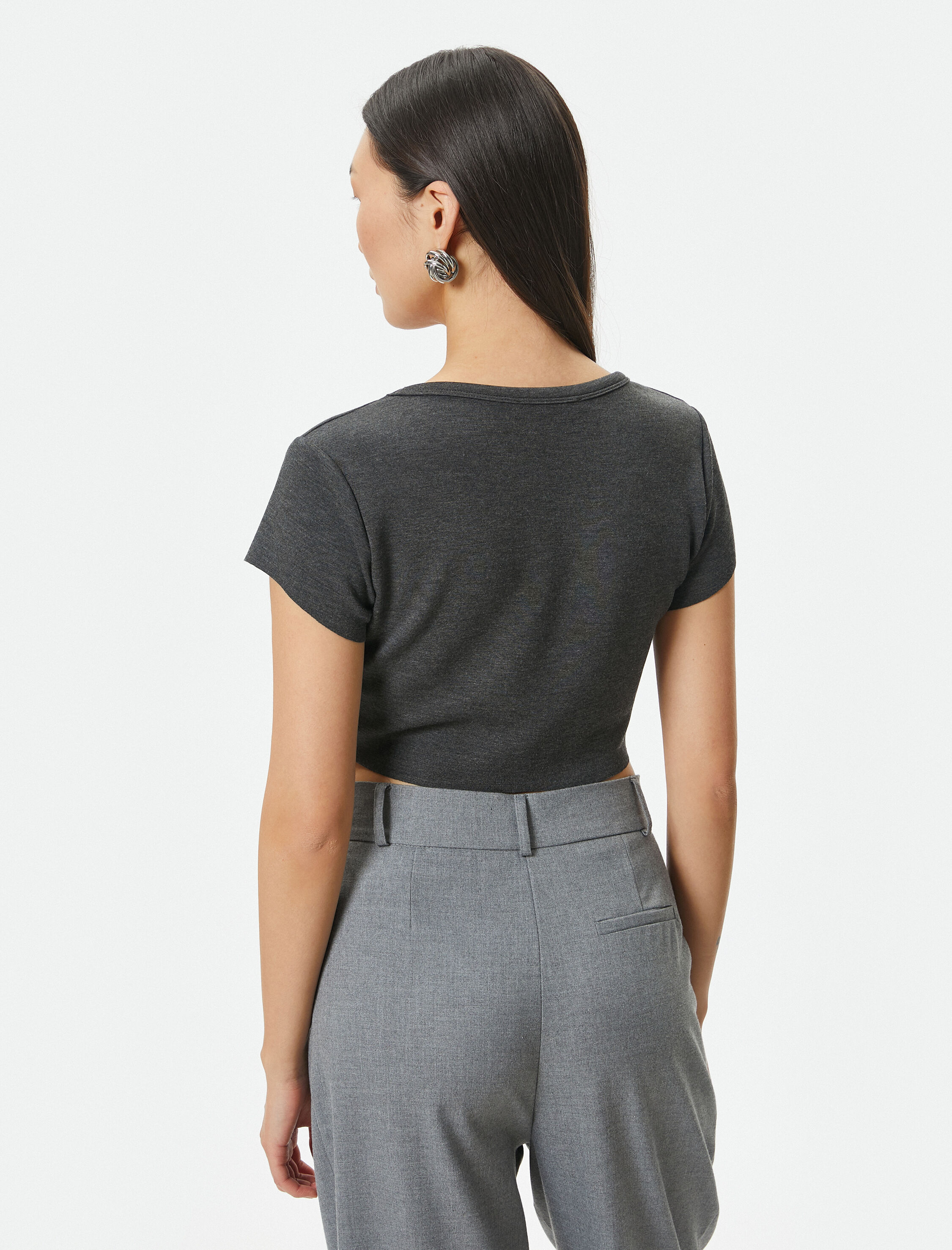   Crop Tişört Kısa Kollu V Yaka