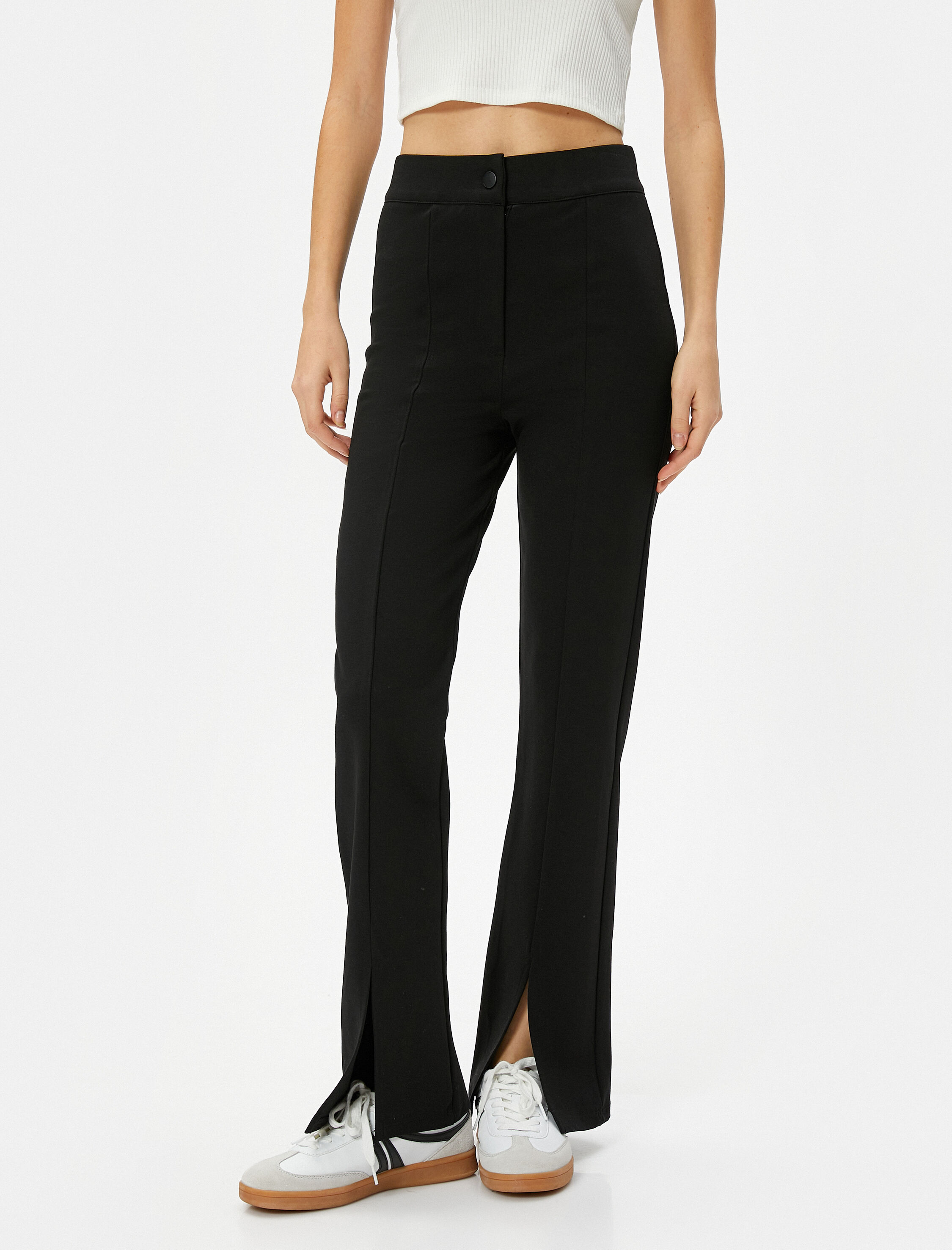   Tayt Pantolon Yırtmaç Detaylı Nervürlü Yüksek Bel Düğmeli