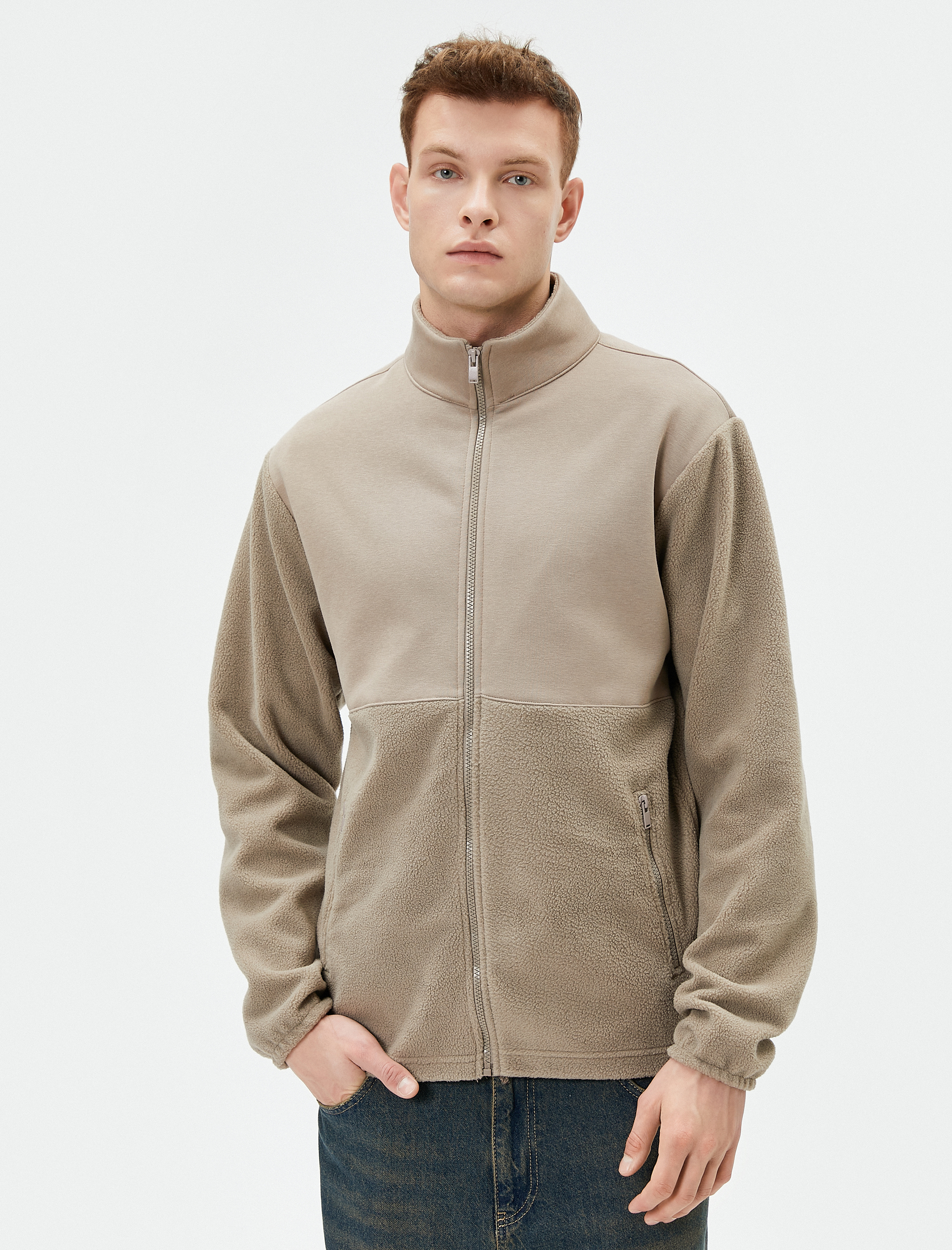   Peluş Sweatshirt Fermuarlı Dik Yaka Cep Detaylı