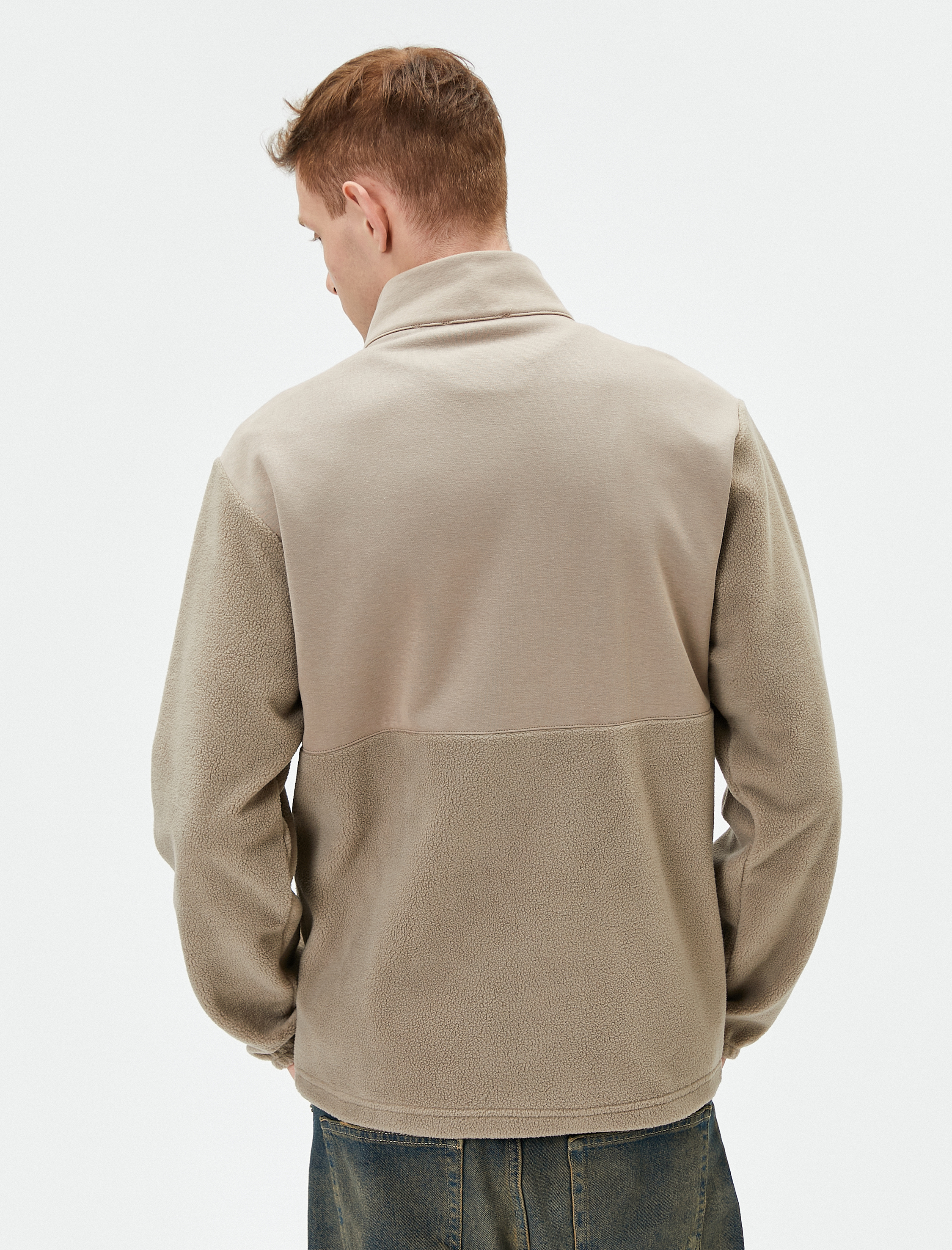   Peluş Sweatshirt Fermuarlı Dik Yaka Cep Detaylı