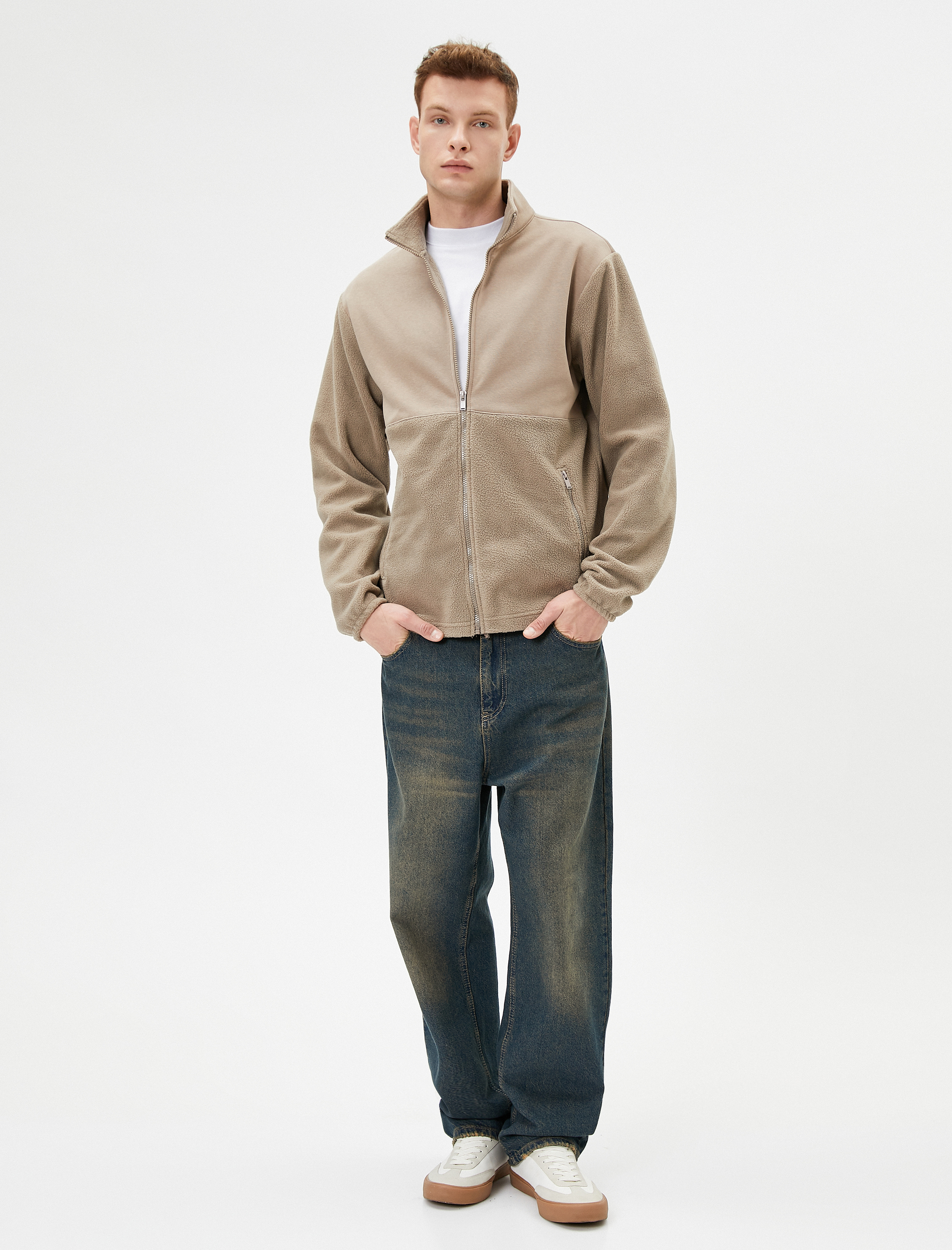   Peluş Sweatshirt Fermuarlı Dik Yaka Cep Detaylı