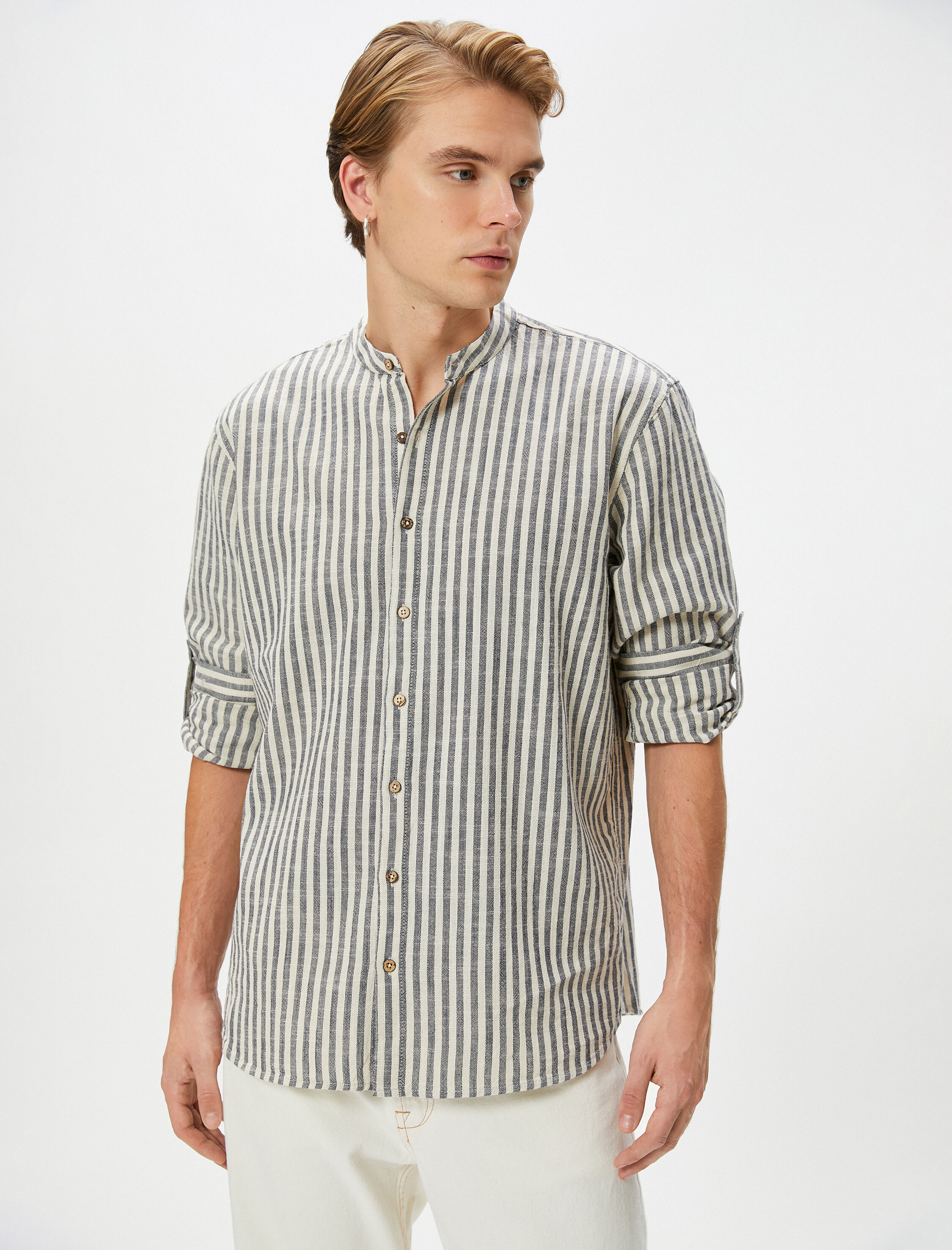 Hakim Yaka Gömlek Düğmeli Kıvrılabilir Kol Detaylı Pamuklu Regular Fit