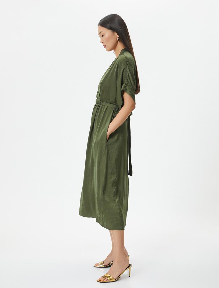  Midi Elbise V Yaka Geniş Kısa Kollu Cepli