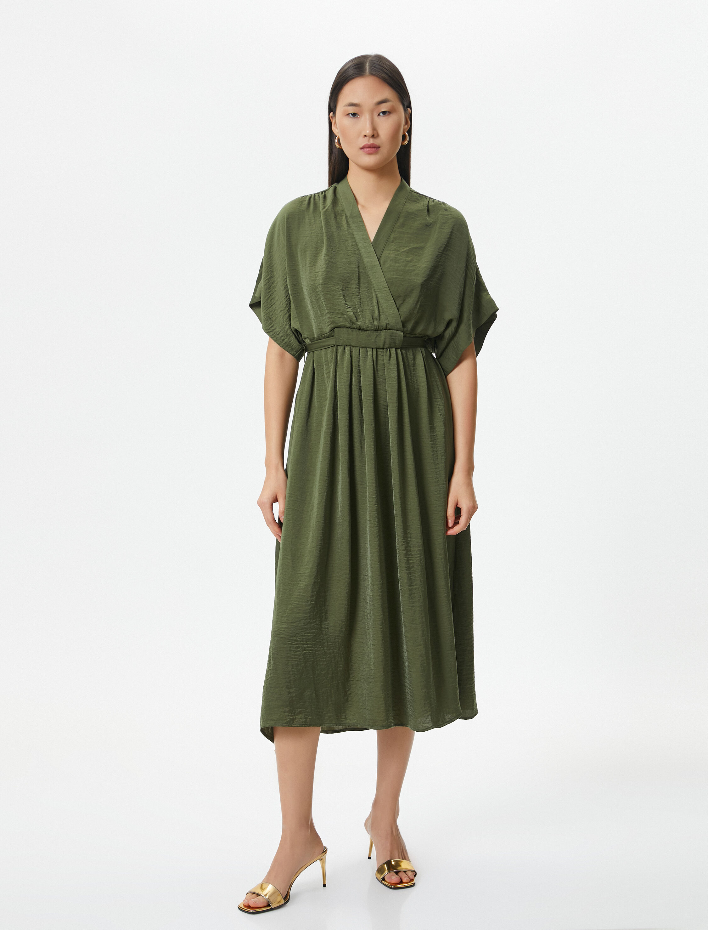   Midi Elbise V Yaka Geniş Kısa Kollu Cepli