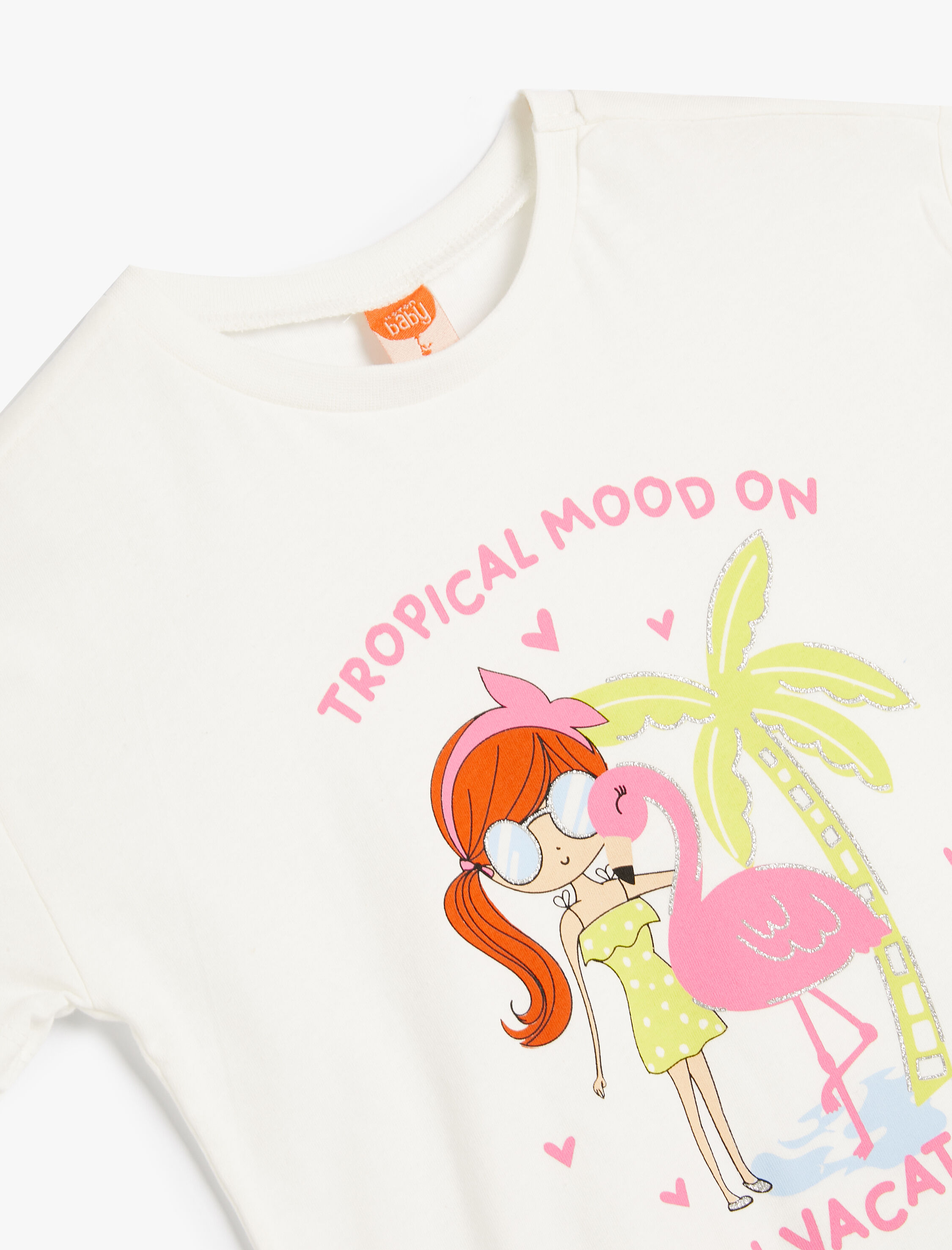  Kız Bebek Tişört Kısa Kollu Bisiklet Yaka Baskı Detaylı Pamuklu