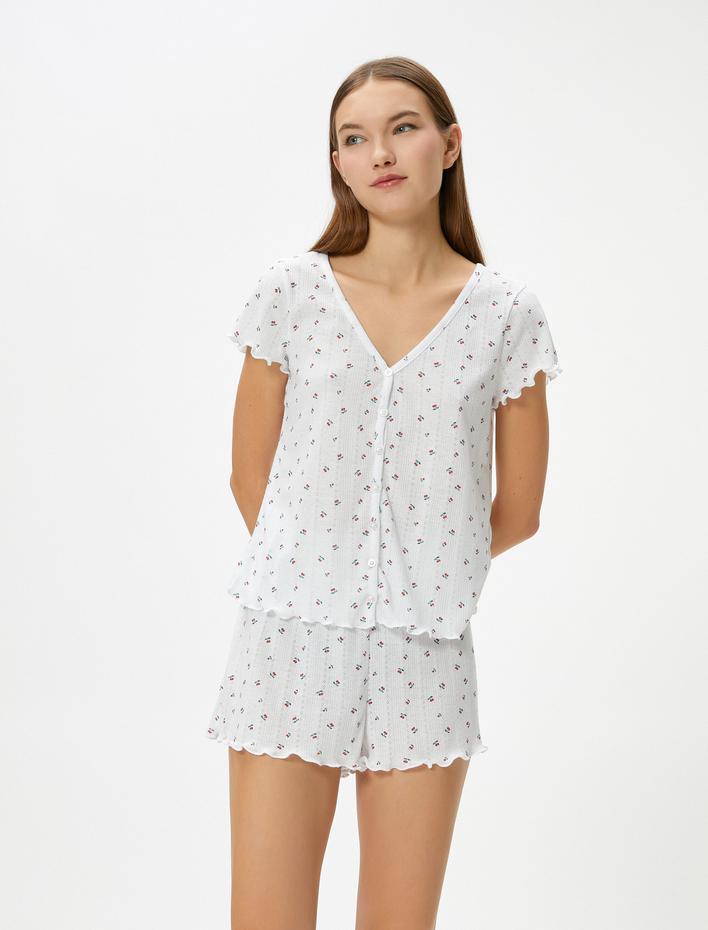  Şortlu Pijama Takımı Kısa Kollu V Yaka Düğmeli