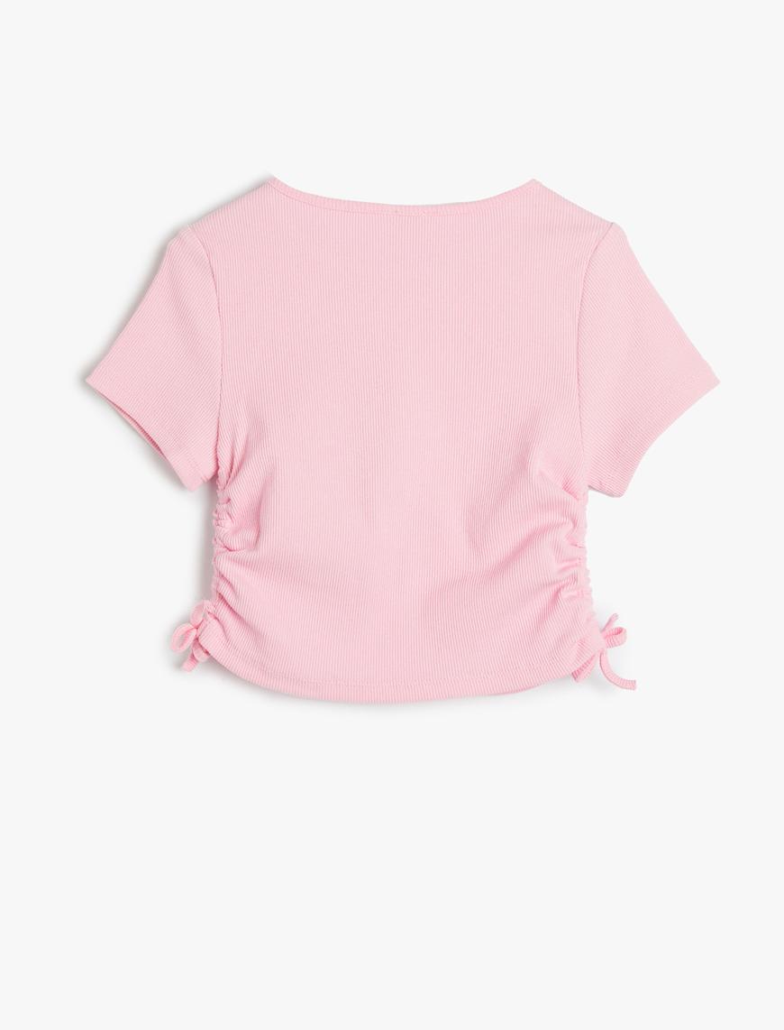  Kız Çocuk Crop Tişört Yanları Büzgülü Kısa Kollu Baskılı Pamuklu