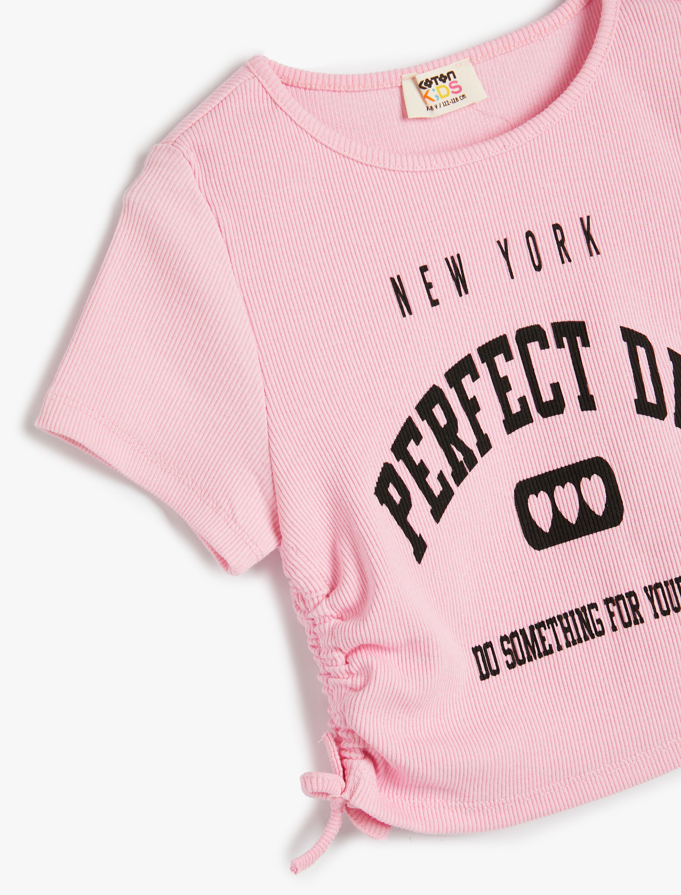  Kız Çocuk Crop Tişört Yanları Büzgülü Kısa Kollu Baskılı Pamuklu