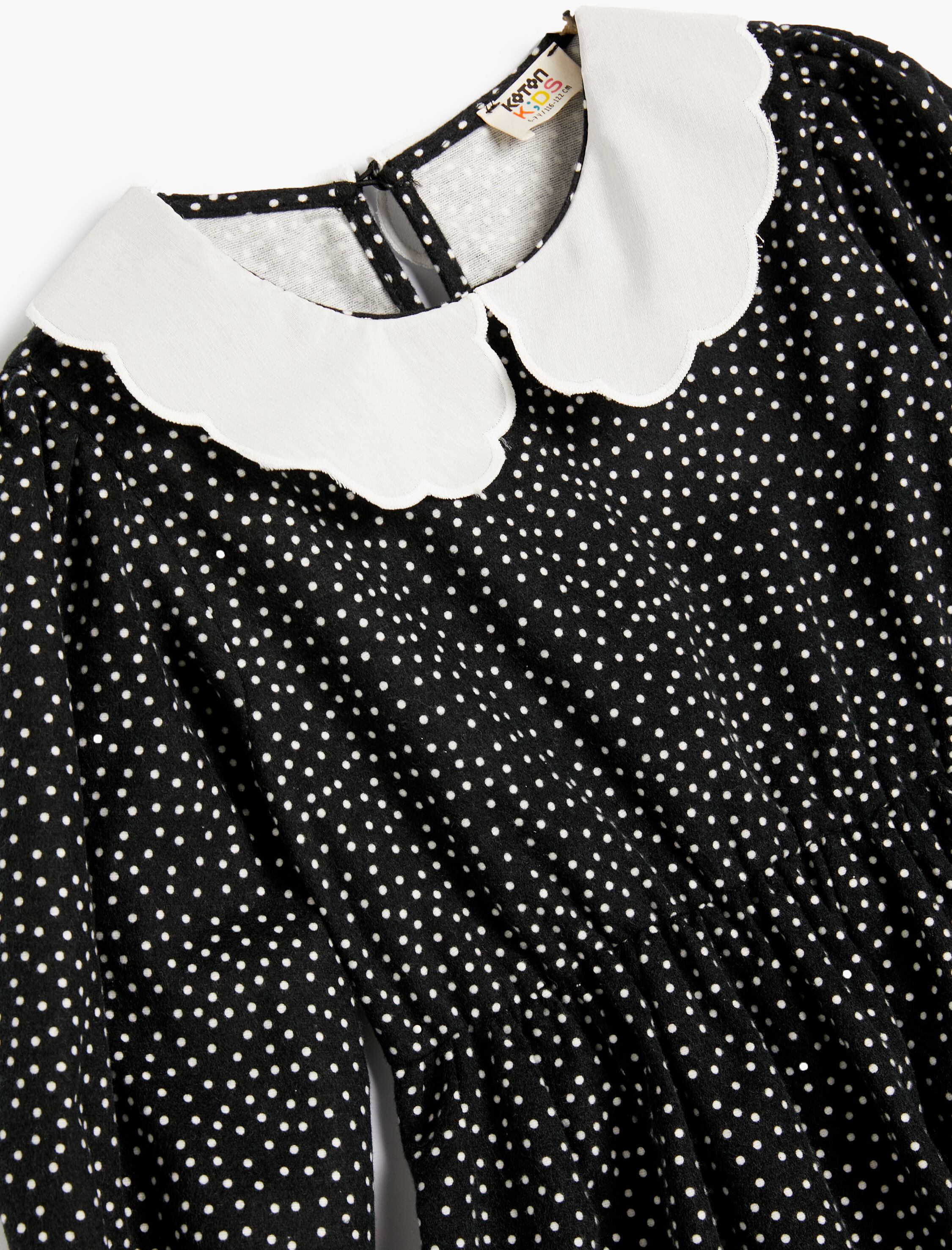  Kız Çocuk Puantiyeli Elbise Uzun Kollu Bebe Yaka Fırfır Detaylı Büzgülü