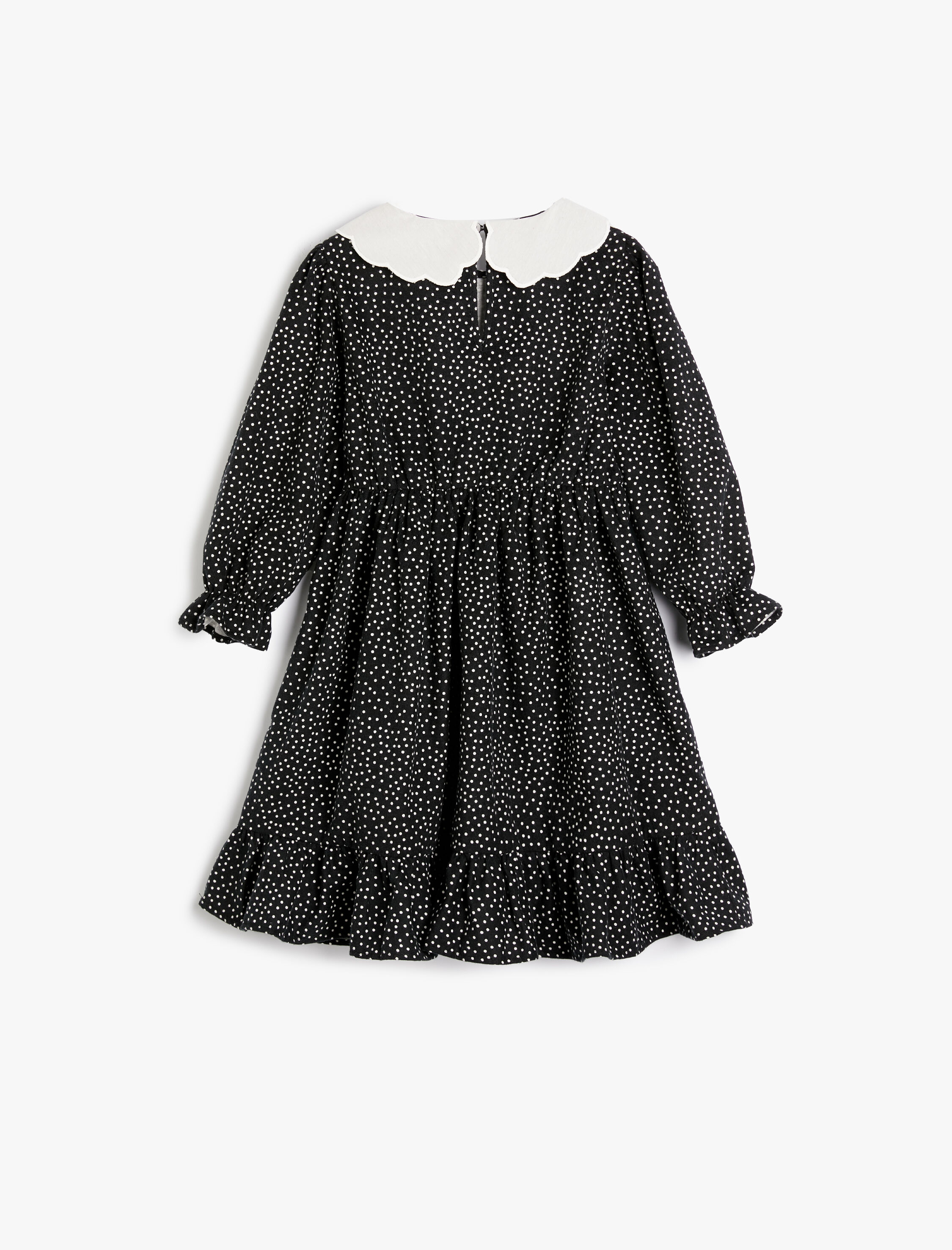  Kız Çocuk Puantiyeli Elbise Uzun Kollu Bebe Yaka Fırfır Detaylı Büzgülü