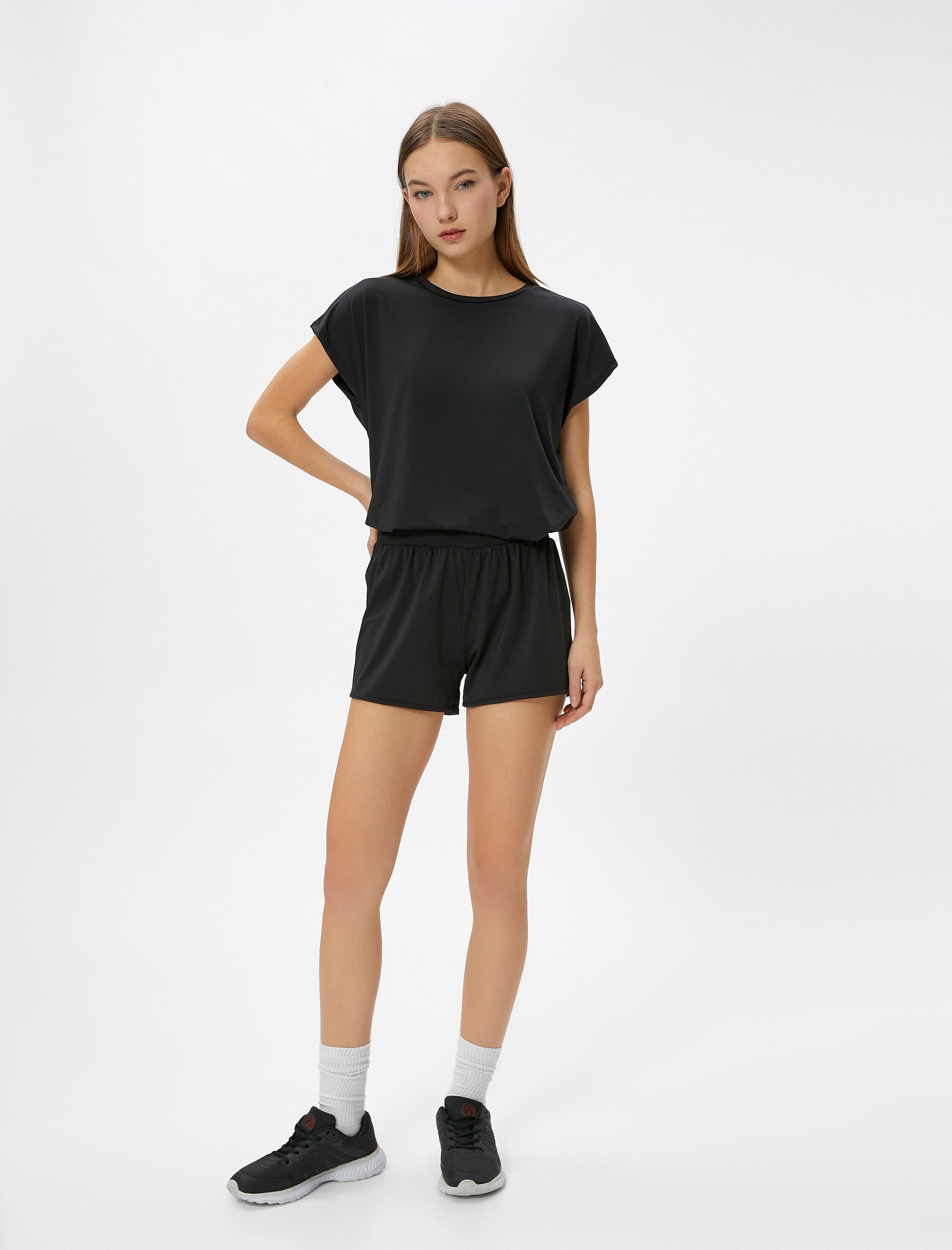   Basic Spor Tişört Bol Kalıp Kısa Yarasa Kol Bisiklet Yaka