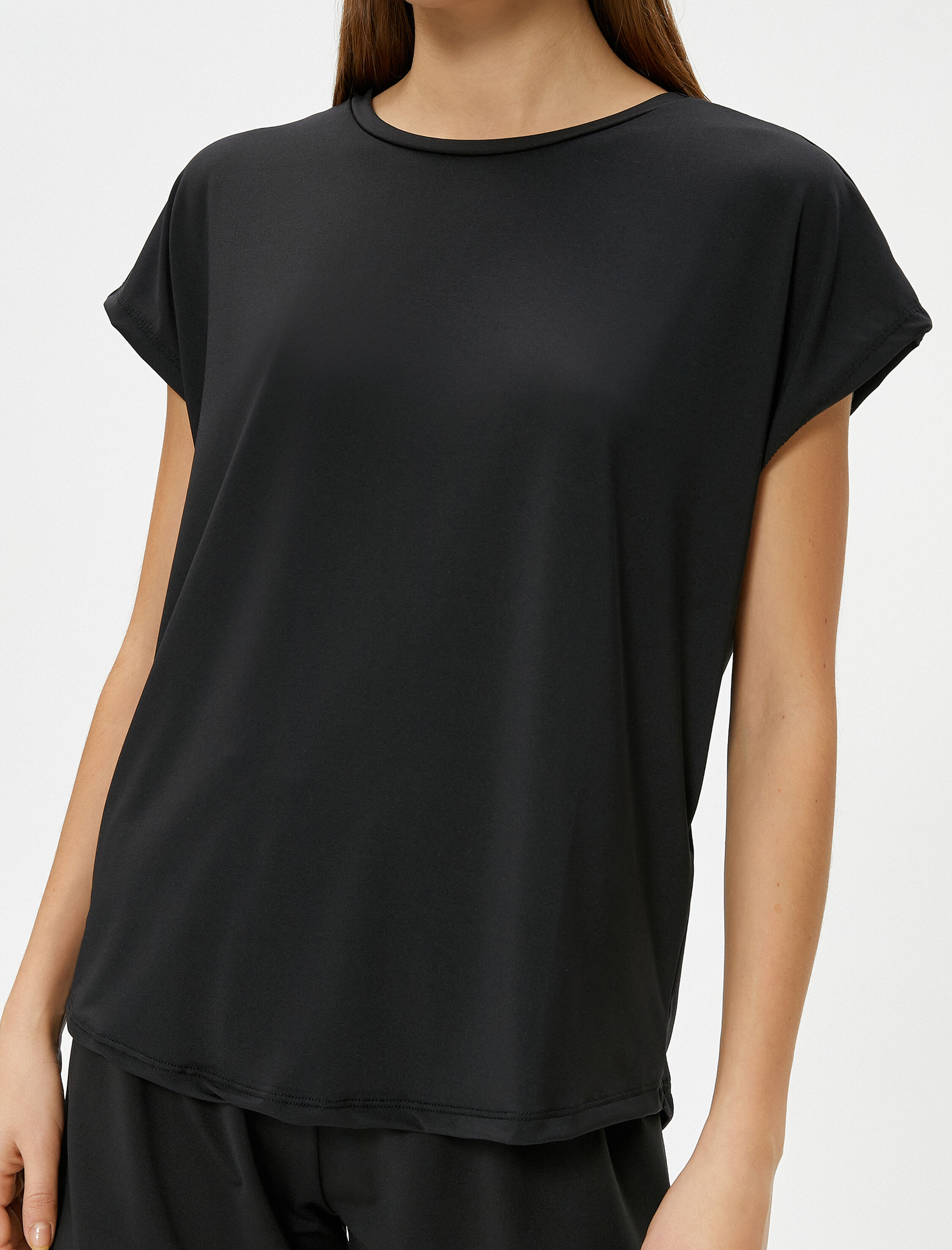   Basic Spor Tişört Bol Kalıp Kısa Yarasa Kol Bisiklet Yaka