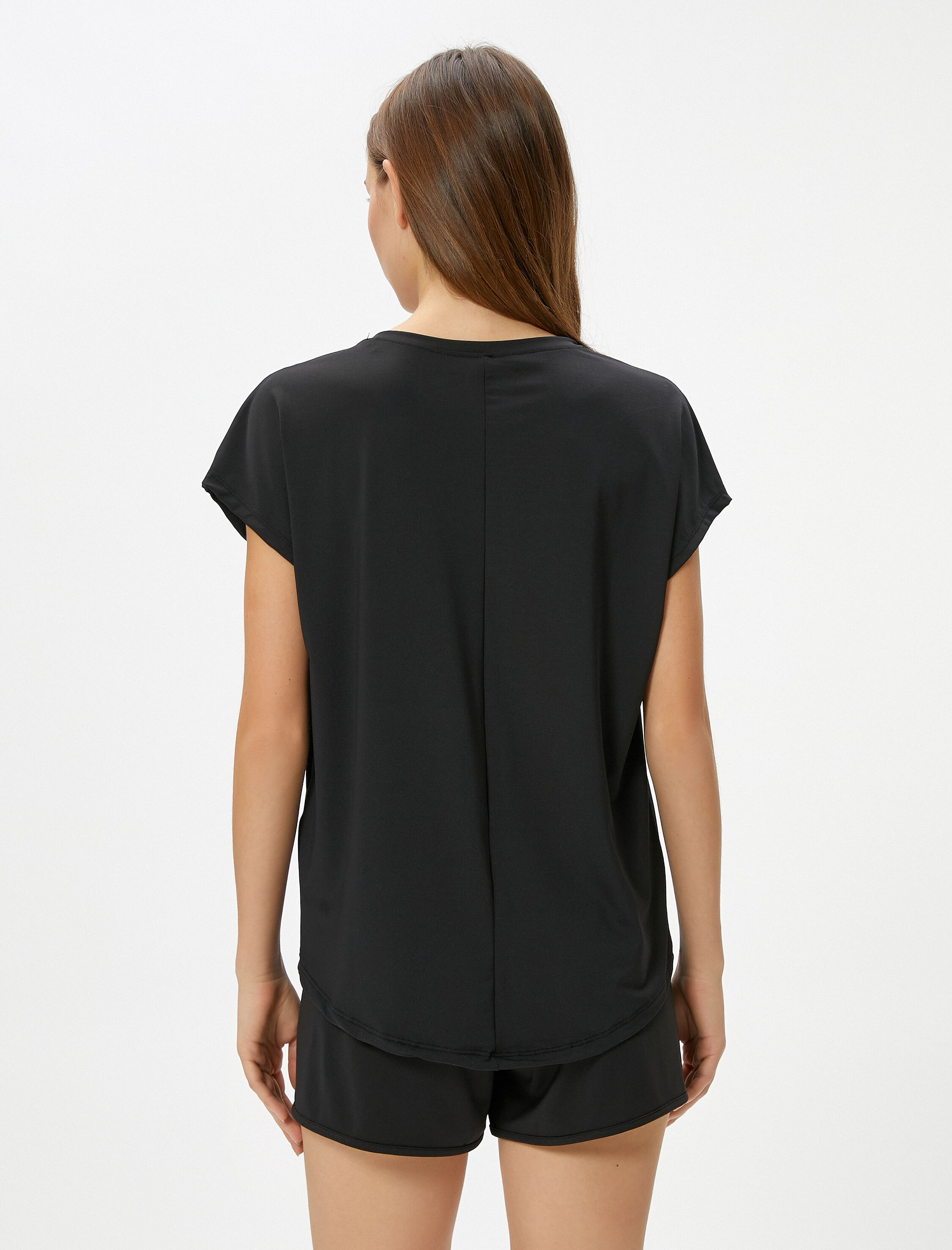   Basic Spor Tişört Bol Kalıp Kısa Yarasa Kol Bisiklet Yaka