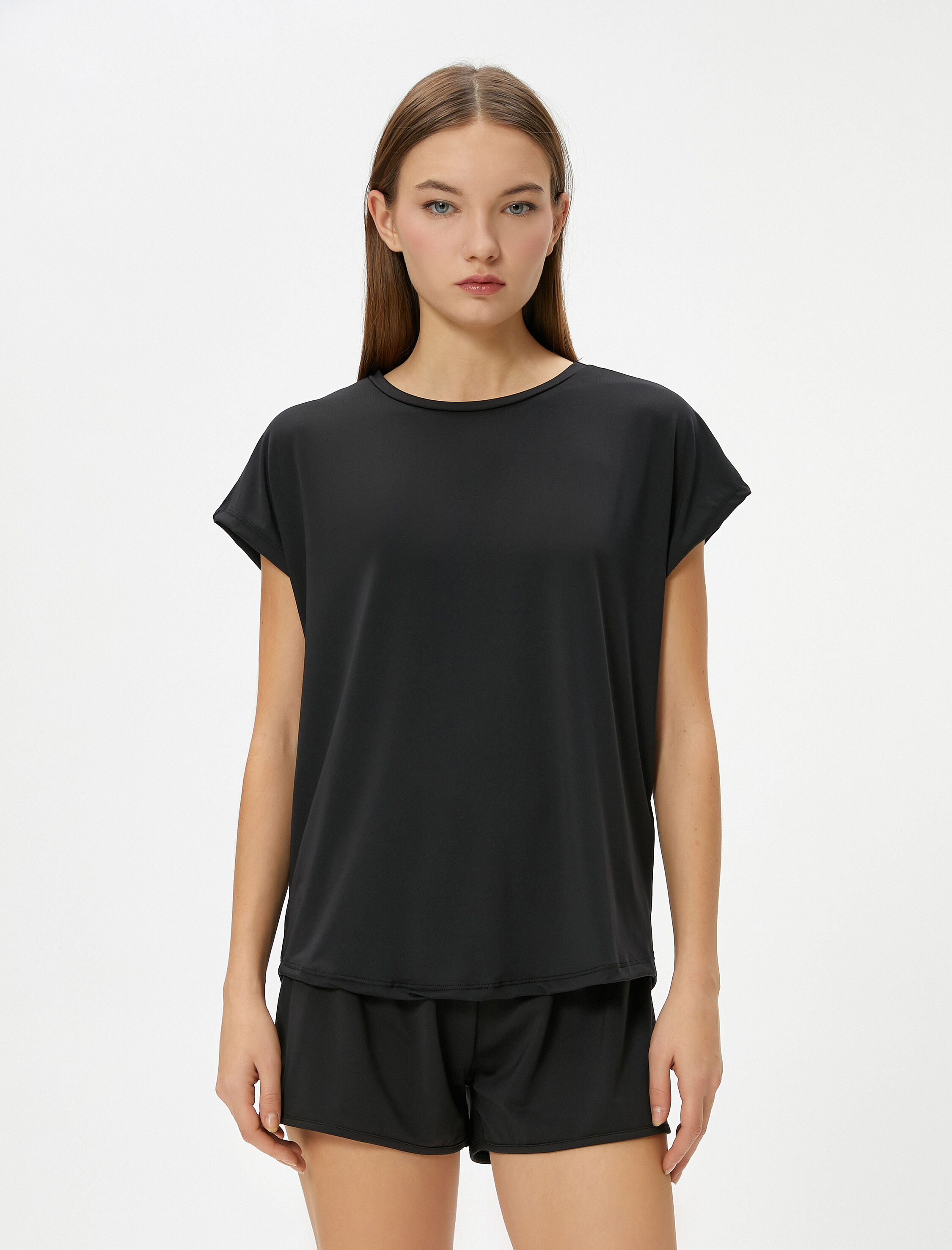   Basic Spor Tişört Bol Kalıp Kısa Yarasa Kol Bisiklet Yaka