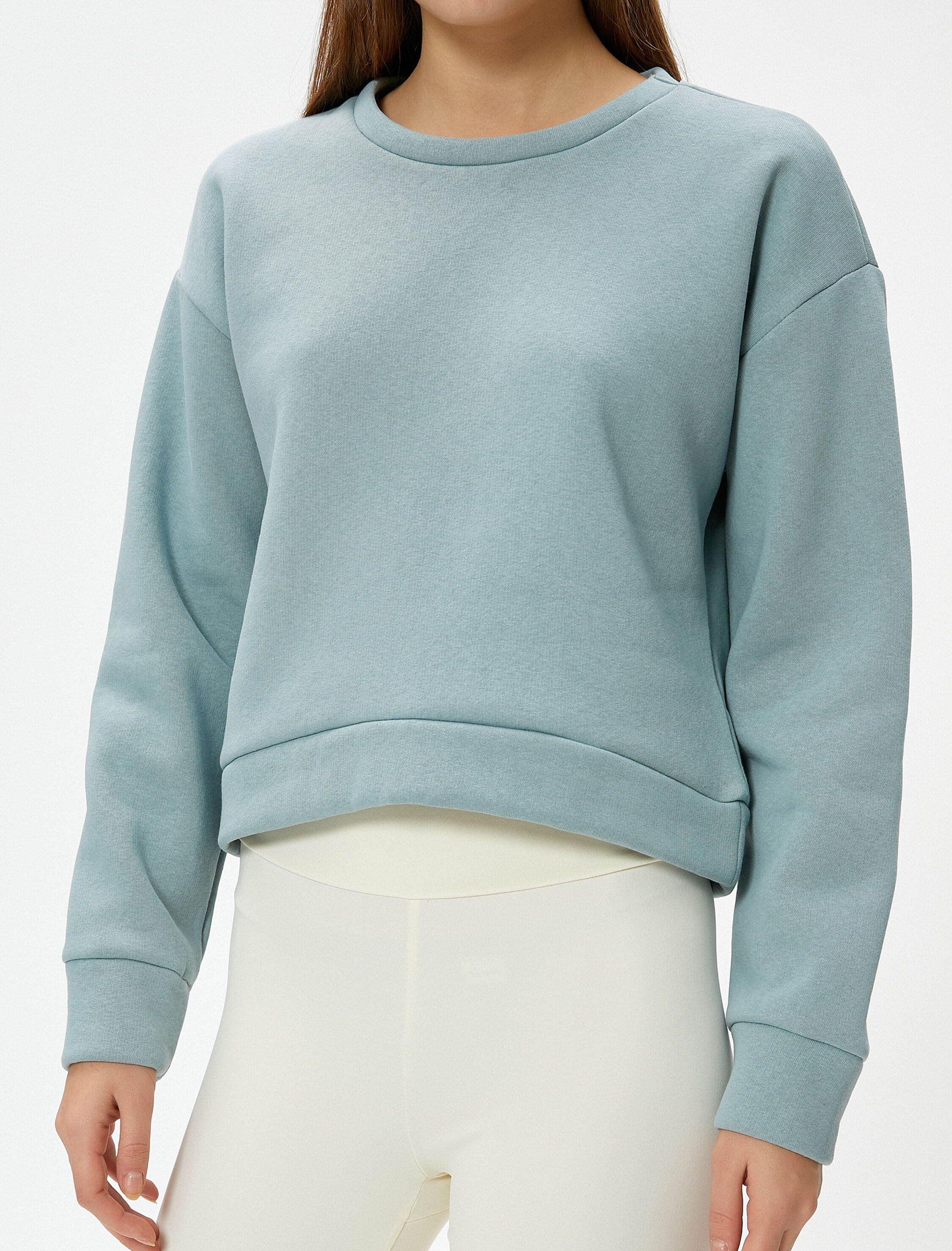 Şardonlu Basic Spor Crop Sweatshirt Rahat Kalıp Pamuklu Bisiklet Yaka Uzun Kollu