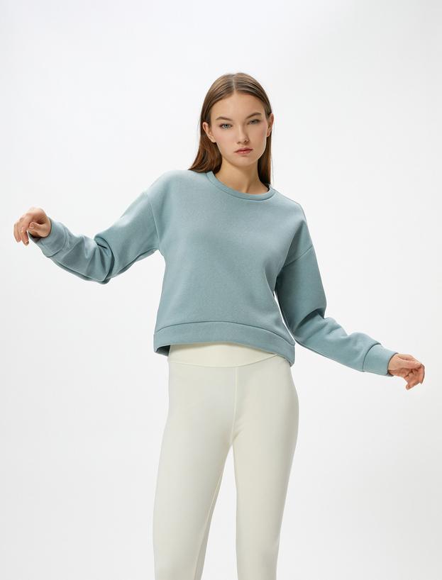 Basic Spor Crop Sweatshirt Rahat Kalıp Pamuklu Bisiklet Yaka Uzun Kollu_0