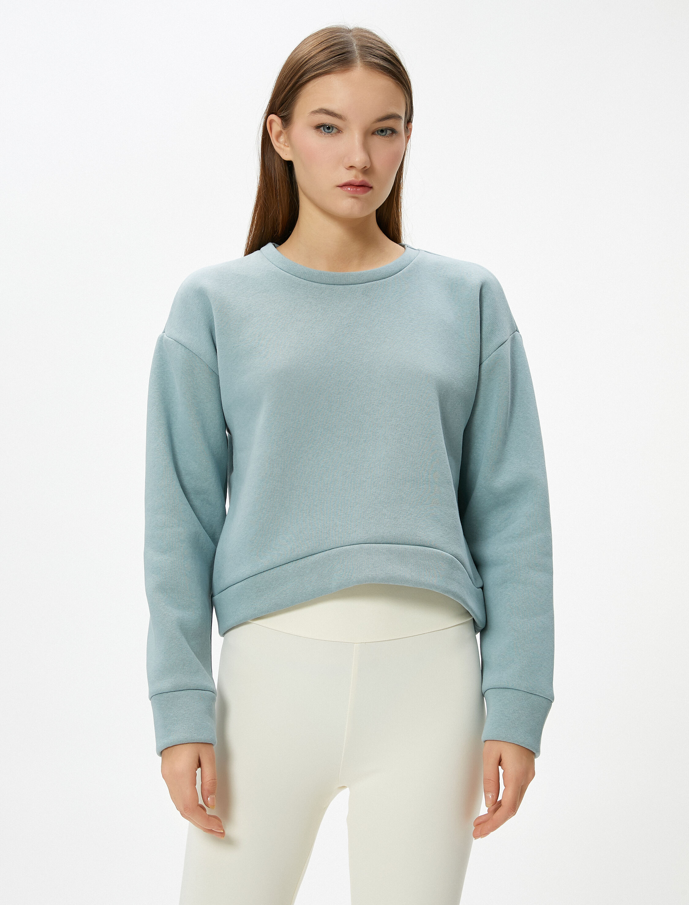 Şardonlu Basic Spor Crop Sweatshirt Rahat Kalıp Pamuklu Bisiklet Yaka Uzun Kollu