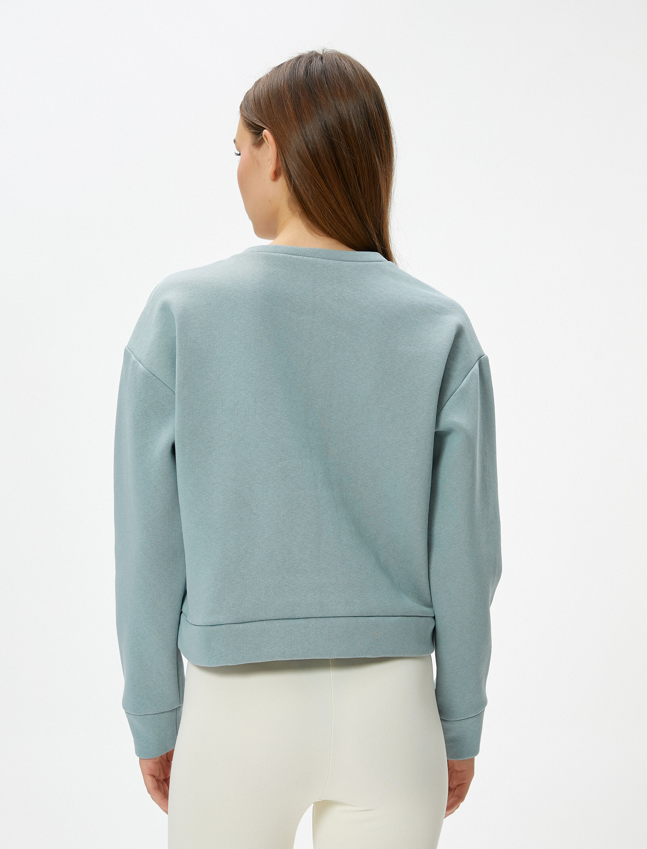 Şardonlu Basic Spor Crop Sweatshirt Rahat Kalıp Pamuklu Bisiklet Yaka Uzun Kollu