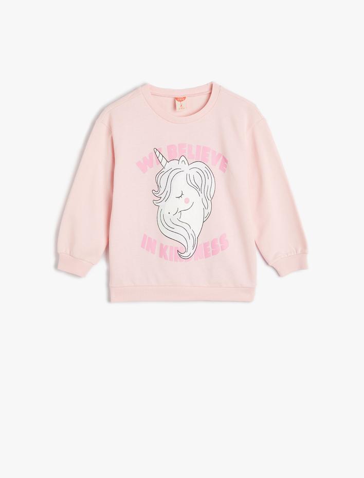 Kız Bebek Sweatshirt Unicorn Baskılı Uzun Kollu Şardonlu Pamuklu