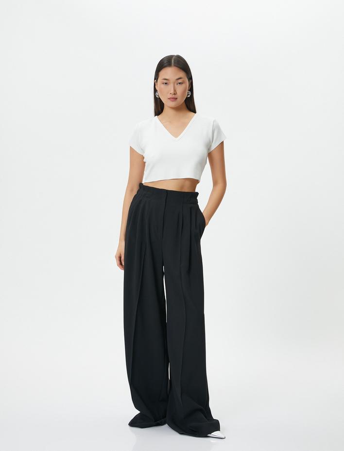  Crop Tişört Kısa Kollu V Yaka