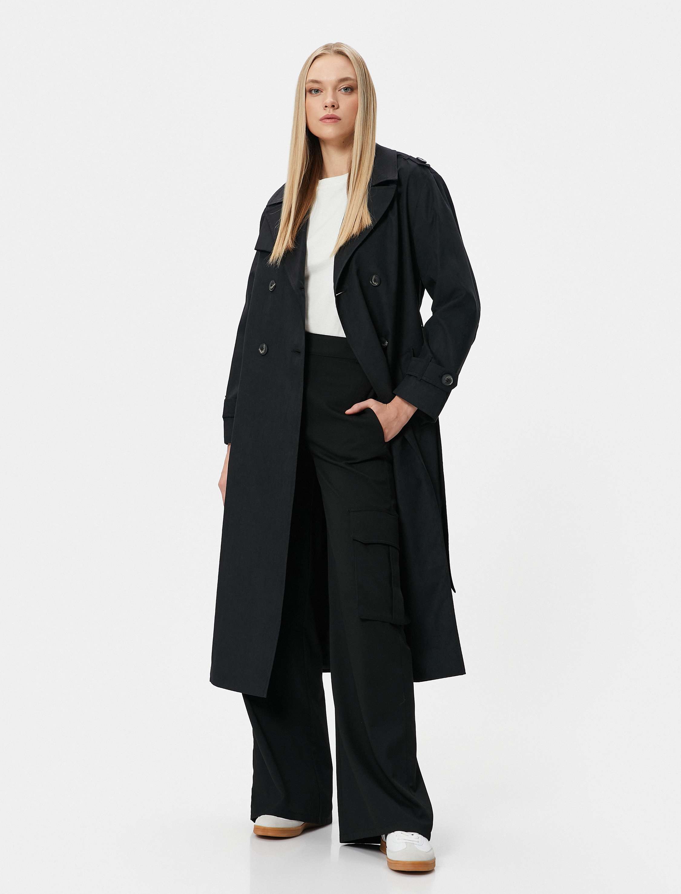   Uzun Trençkot Kruvaze Düğmeli Kemerli