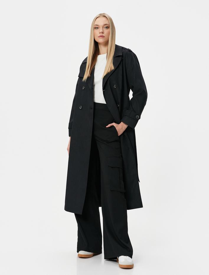  Uzun Trençkot Kruvaze Düğmeli Kemerli