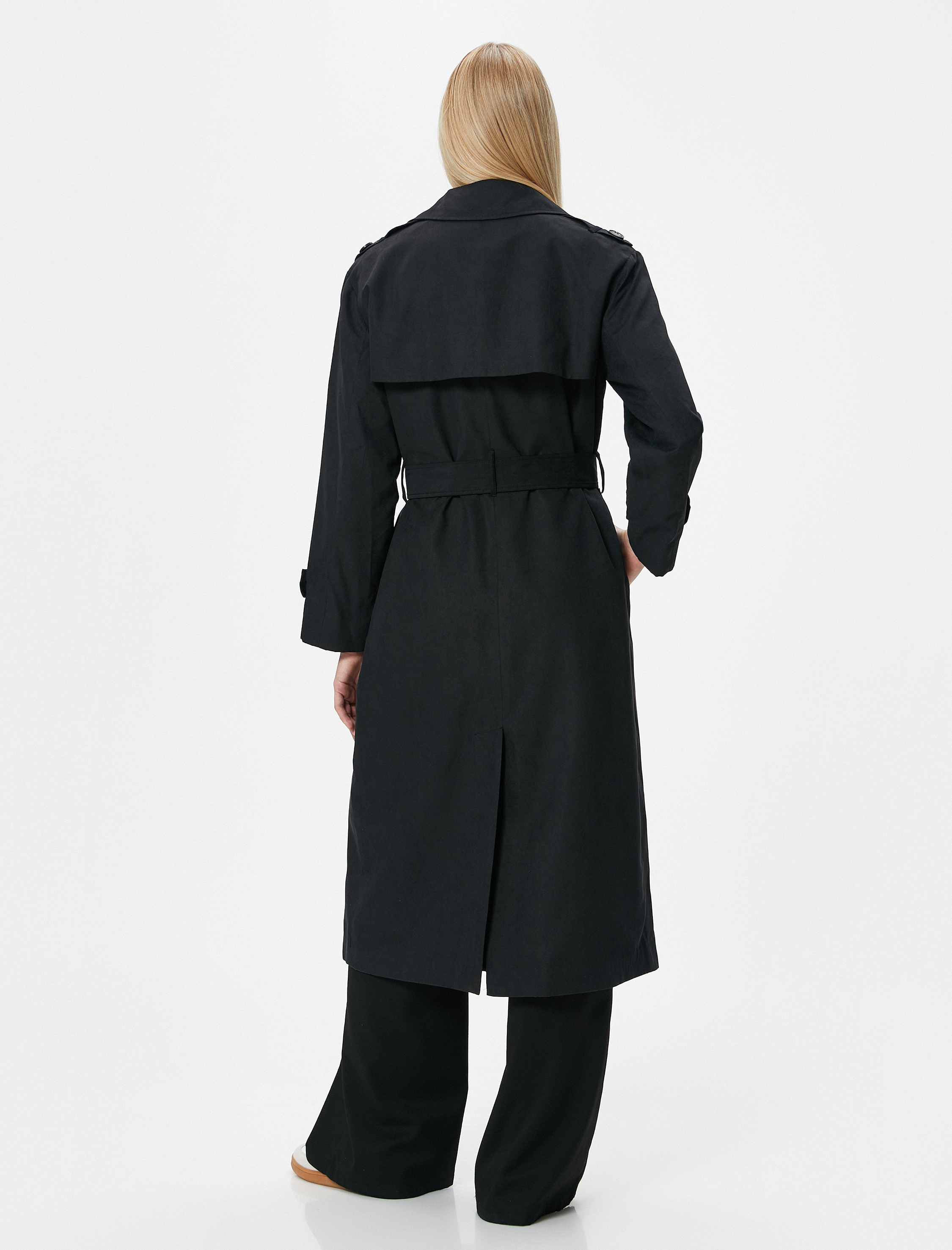   Uzun Trençkot Kruvaze Düğmeli Kemerli