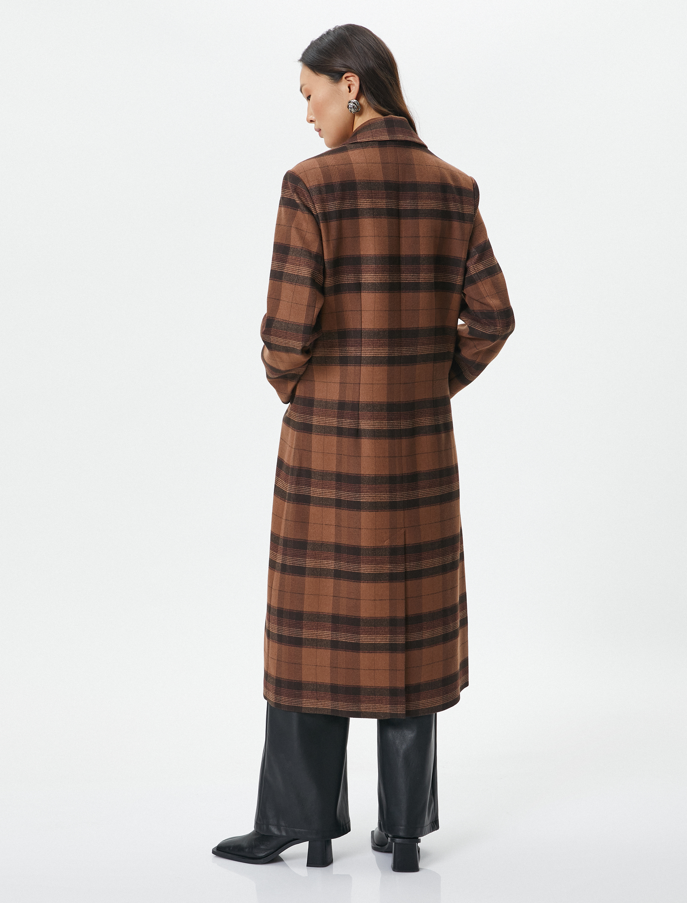   Oversize Kaşe Kaban Uzun Kruvaze Düğmeli Cepli