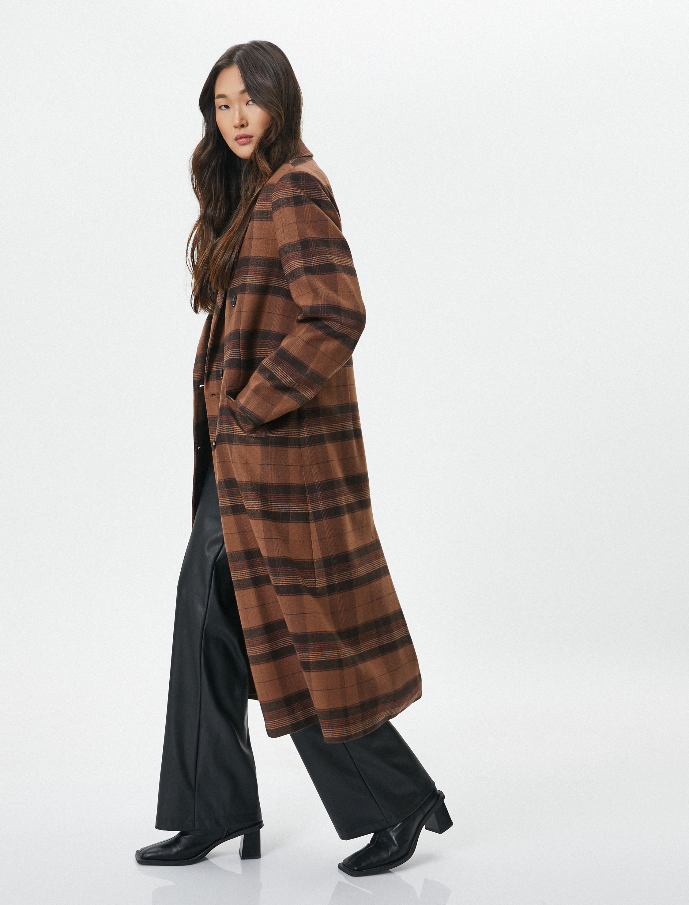   Oversize Kaşe Kaban Uzun Kruvaze Düğmeli Cepli