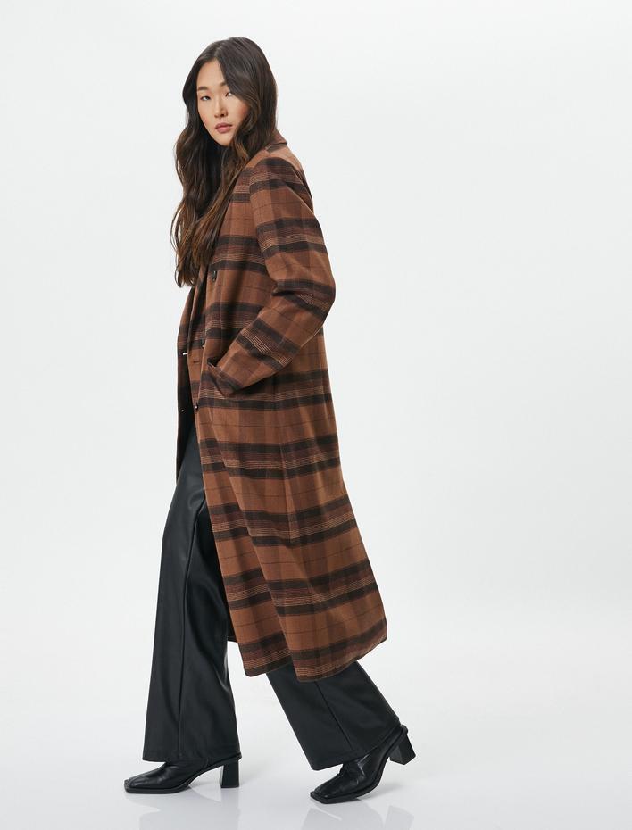  Oversize Kaşe Kaban Uzun Kruvaze Düğmeli Cepli