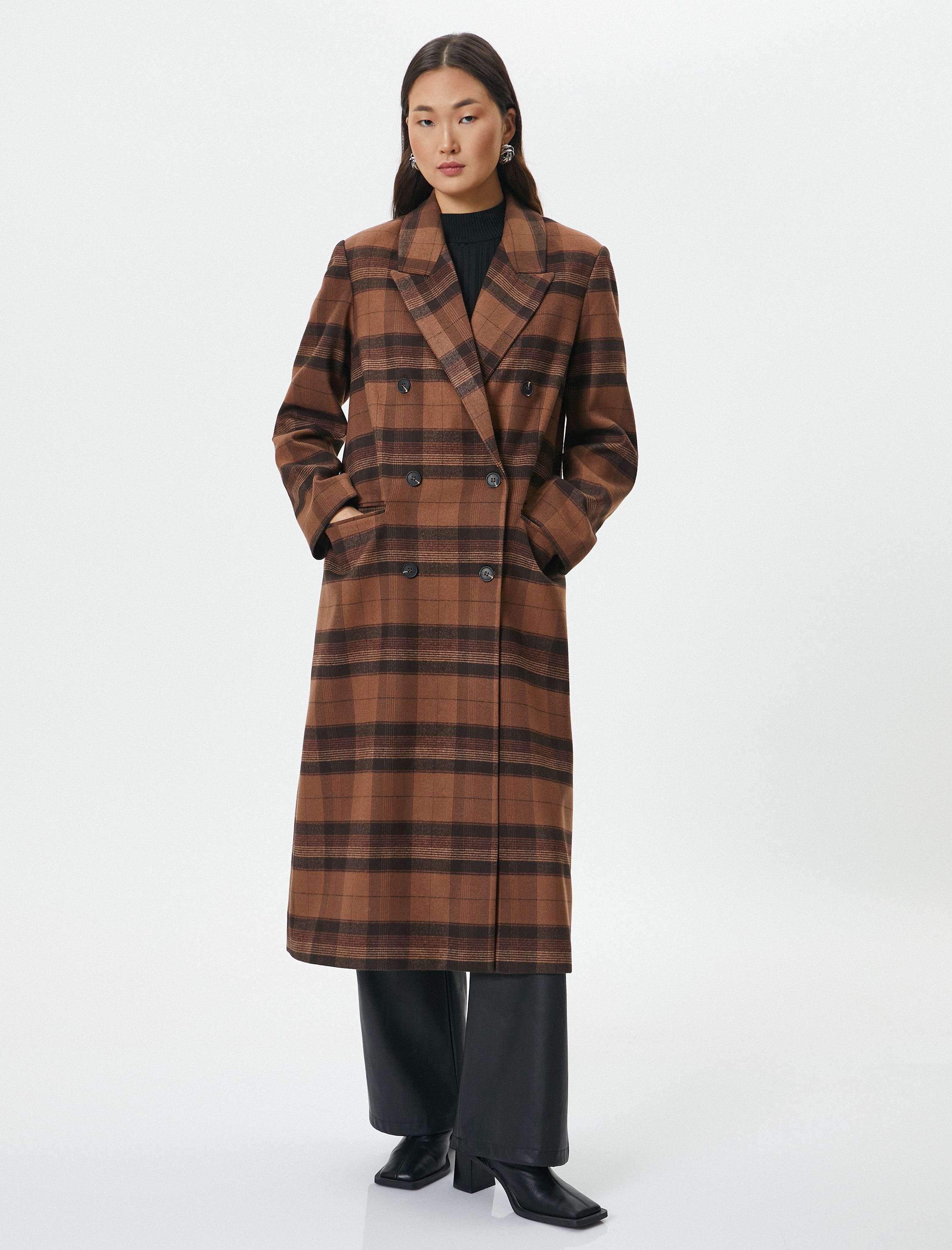   Oversize Kaşe Kaban Uzun Kruvaze Düğmeli Cepli