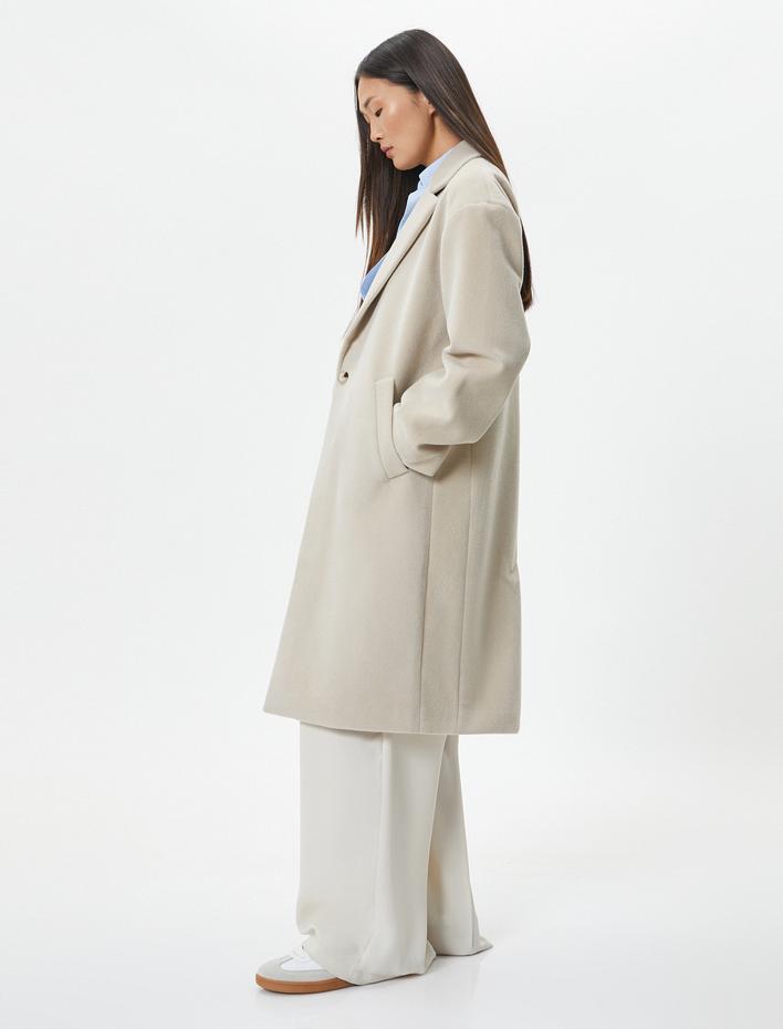  Uzun Kaşe Kaban Cep Detaylı Düğmeli