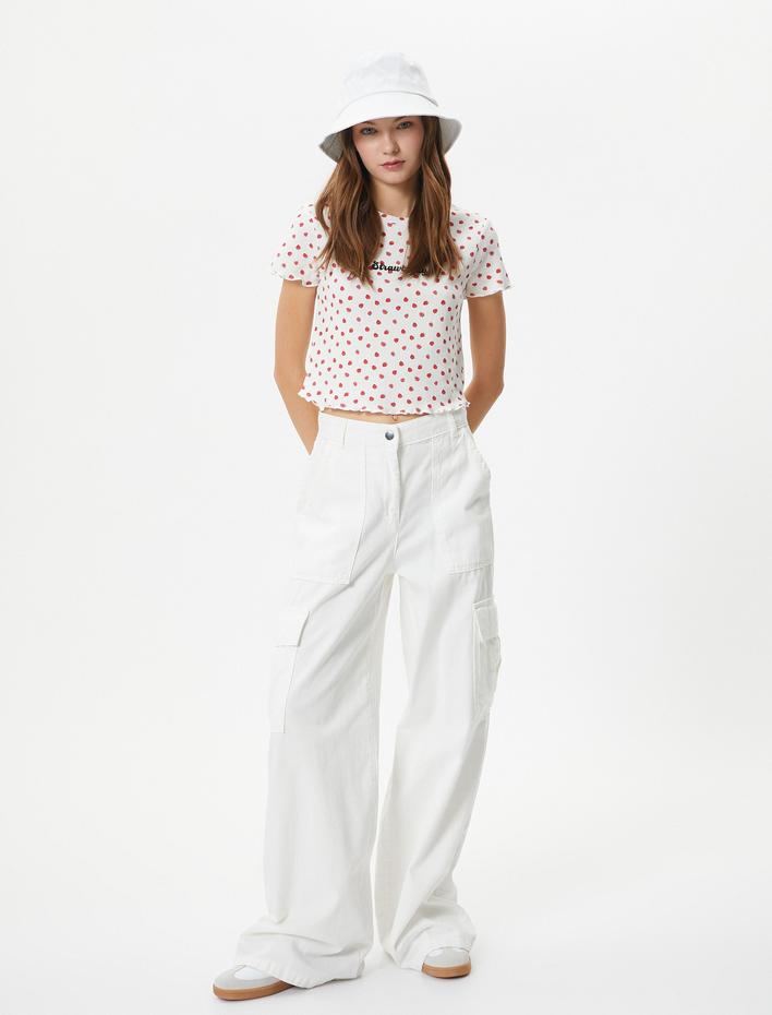  Çilekli Crop Tişört Kısa Kollu Bisiklet Yaka Dokulu Pamuklu