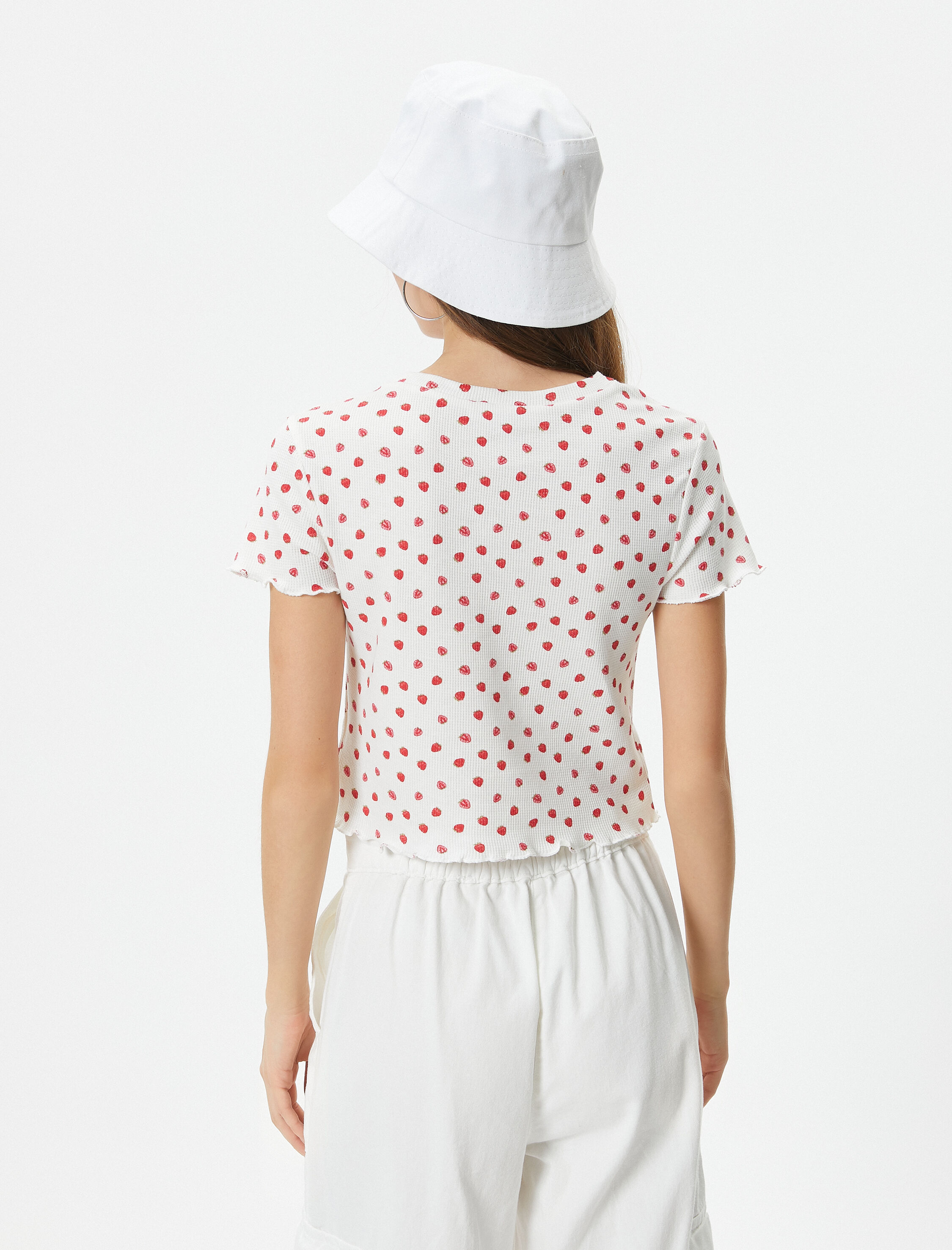   Çilekli Crop Tişört Kısa Kollu Bisiklet Yaka Dokulu Pamuklu