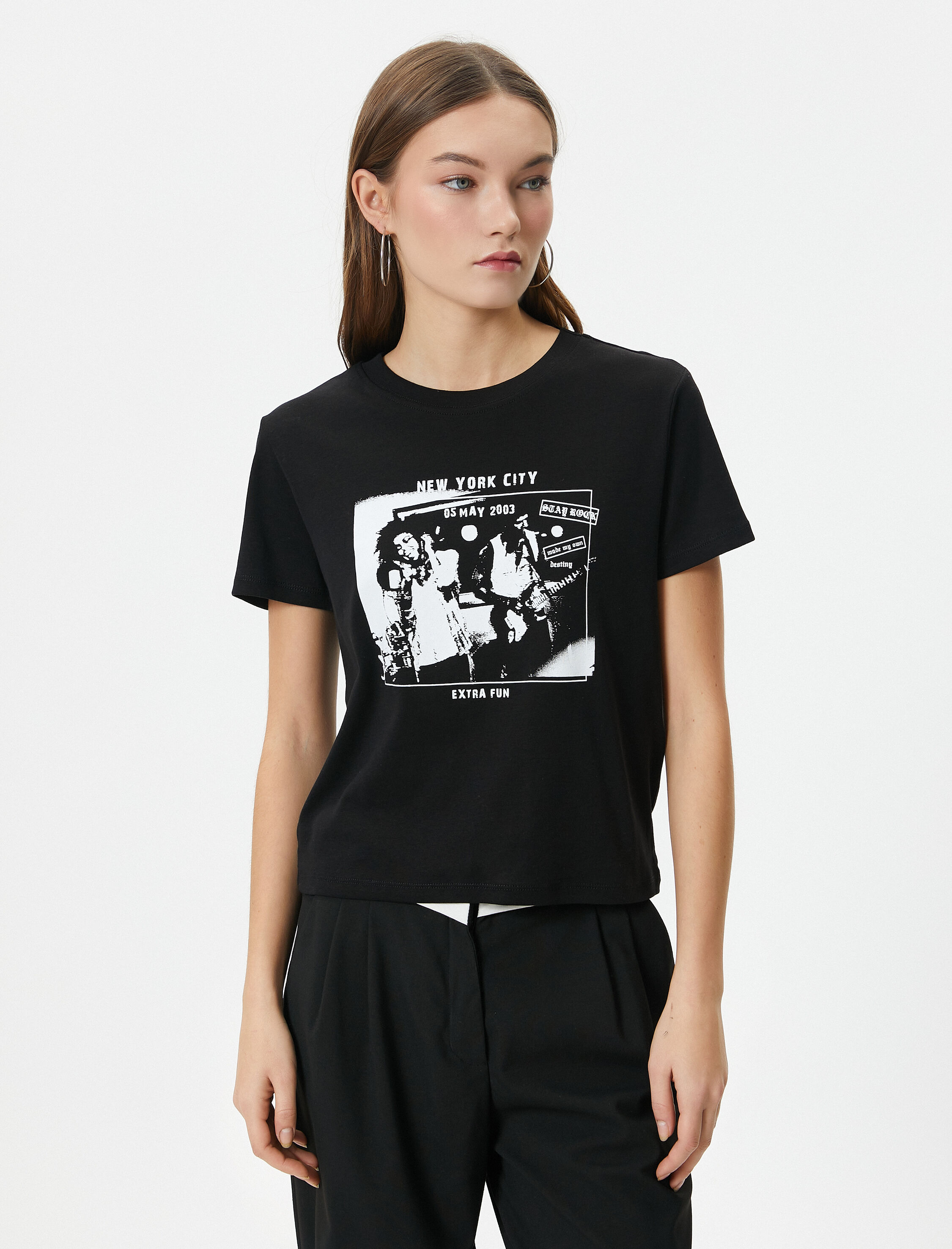   Müzik Temalı Baskılı Tişört Kısa Kollu Bisiklet Yaka Pamuklu