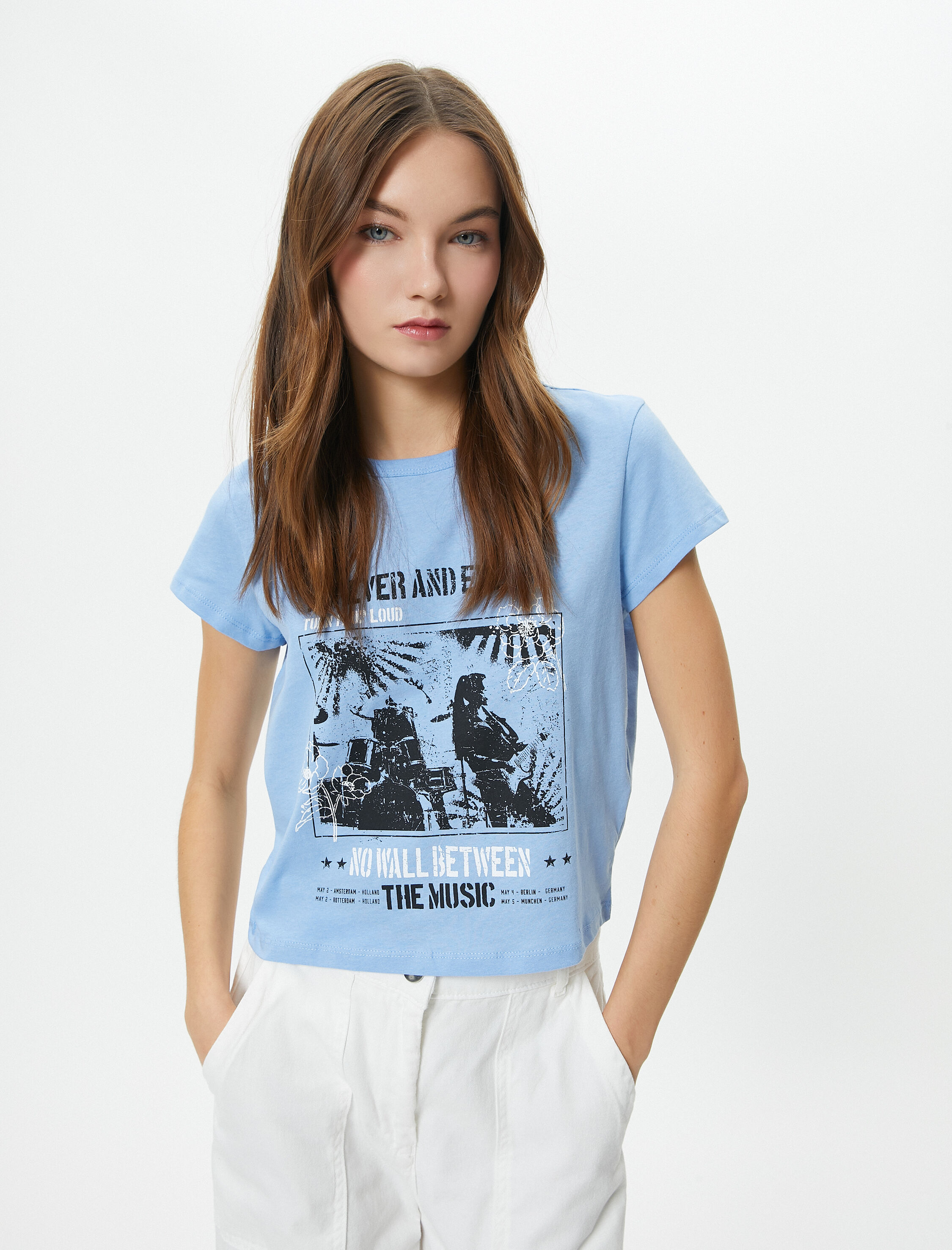 Baskılı Tişört Kısa Kollu Bisiklet Yaka Pamuklu