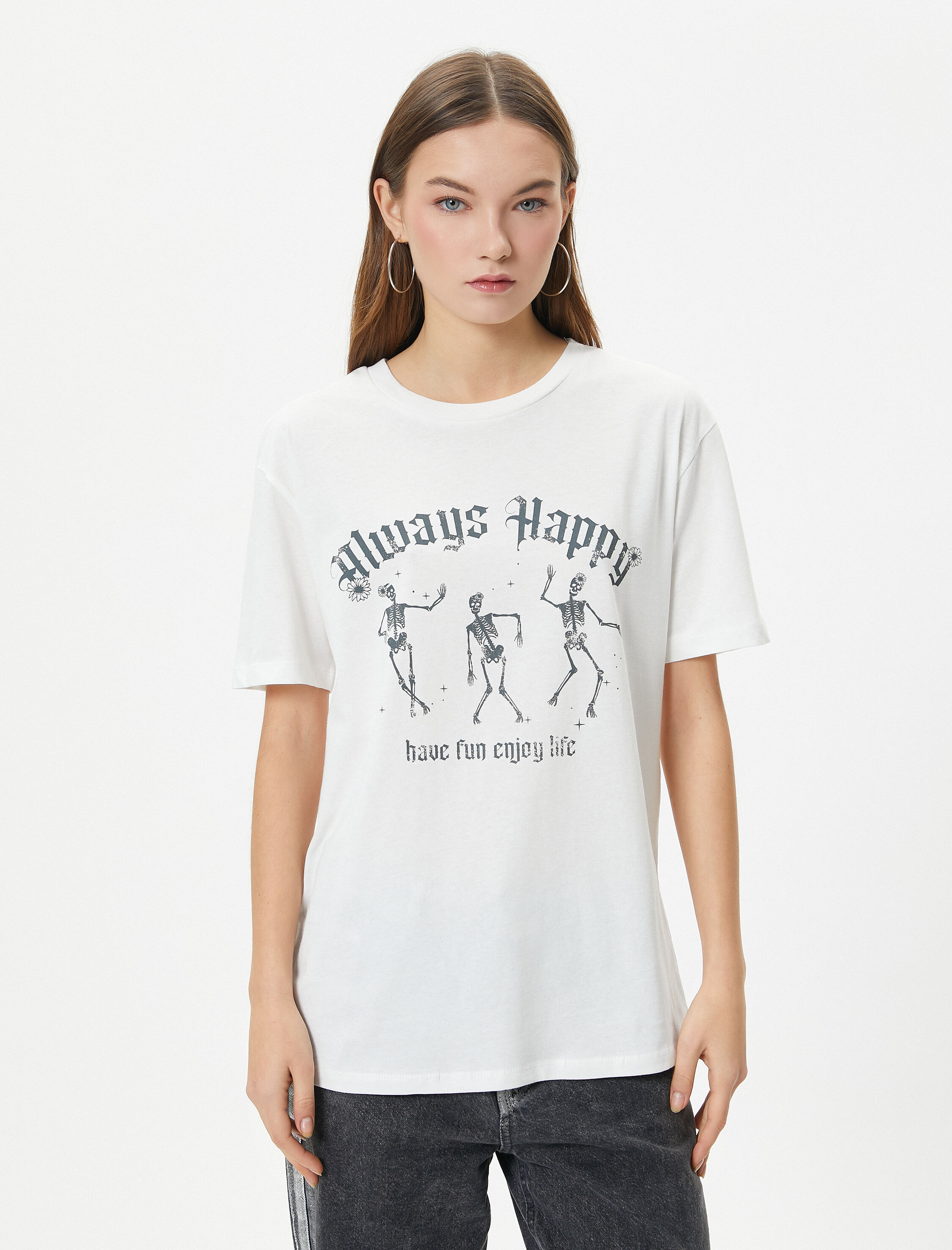   Baskılı Tişört Kısa Kollu Bisiklet Yaka Pamuklu