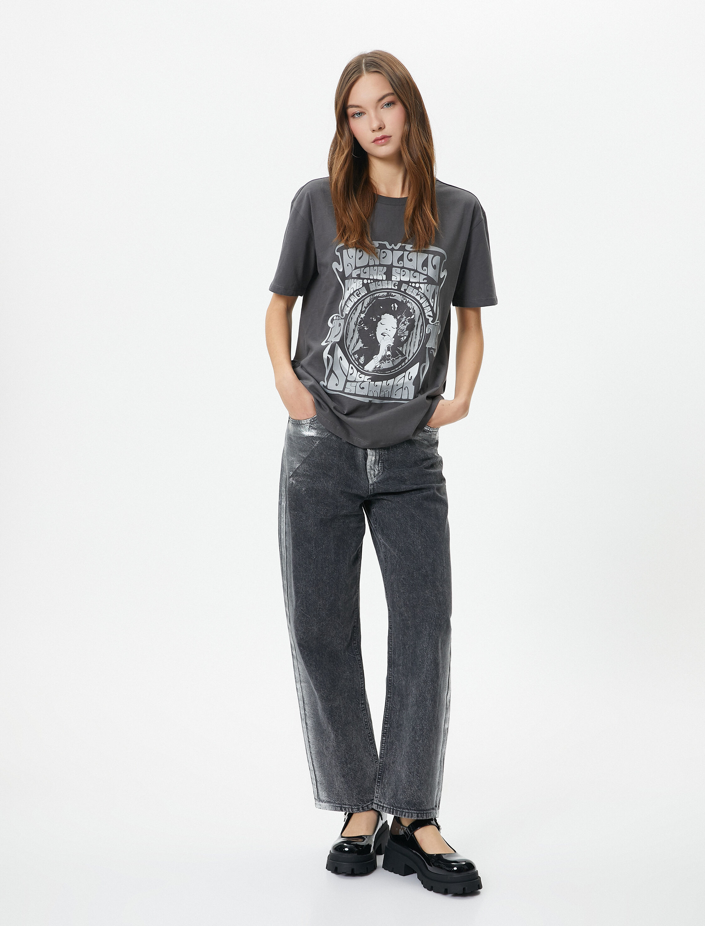   Müzik Temalı Baskılı Tişört Kısa Kollu Bisiklet Yaka Pamuklu