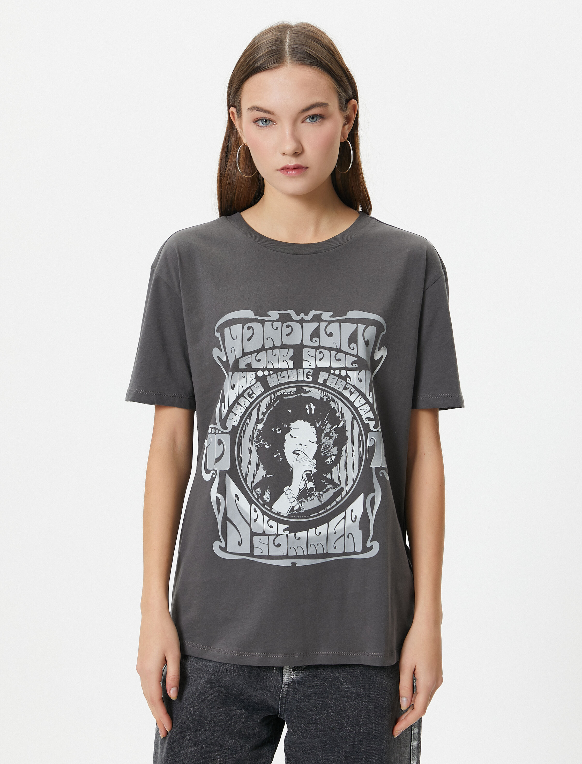   Müzik Temalı Baskılı Tişört Kısa Kollu Bisiklet Yaka Pamuklu