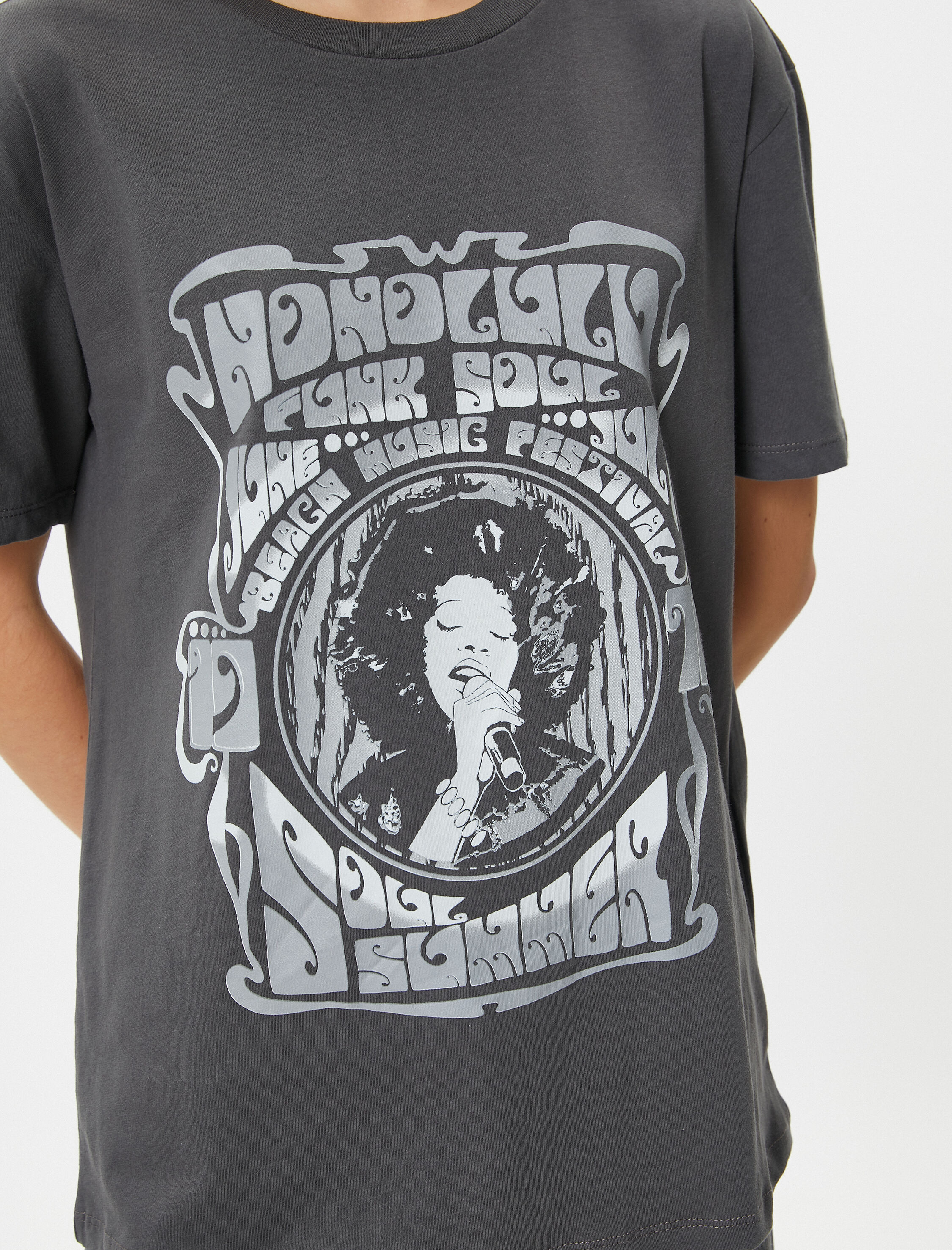   Müzik Temalı Baskılı Tişört Kısa Kollu Bisiklet Yaka Pamuklu