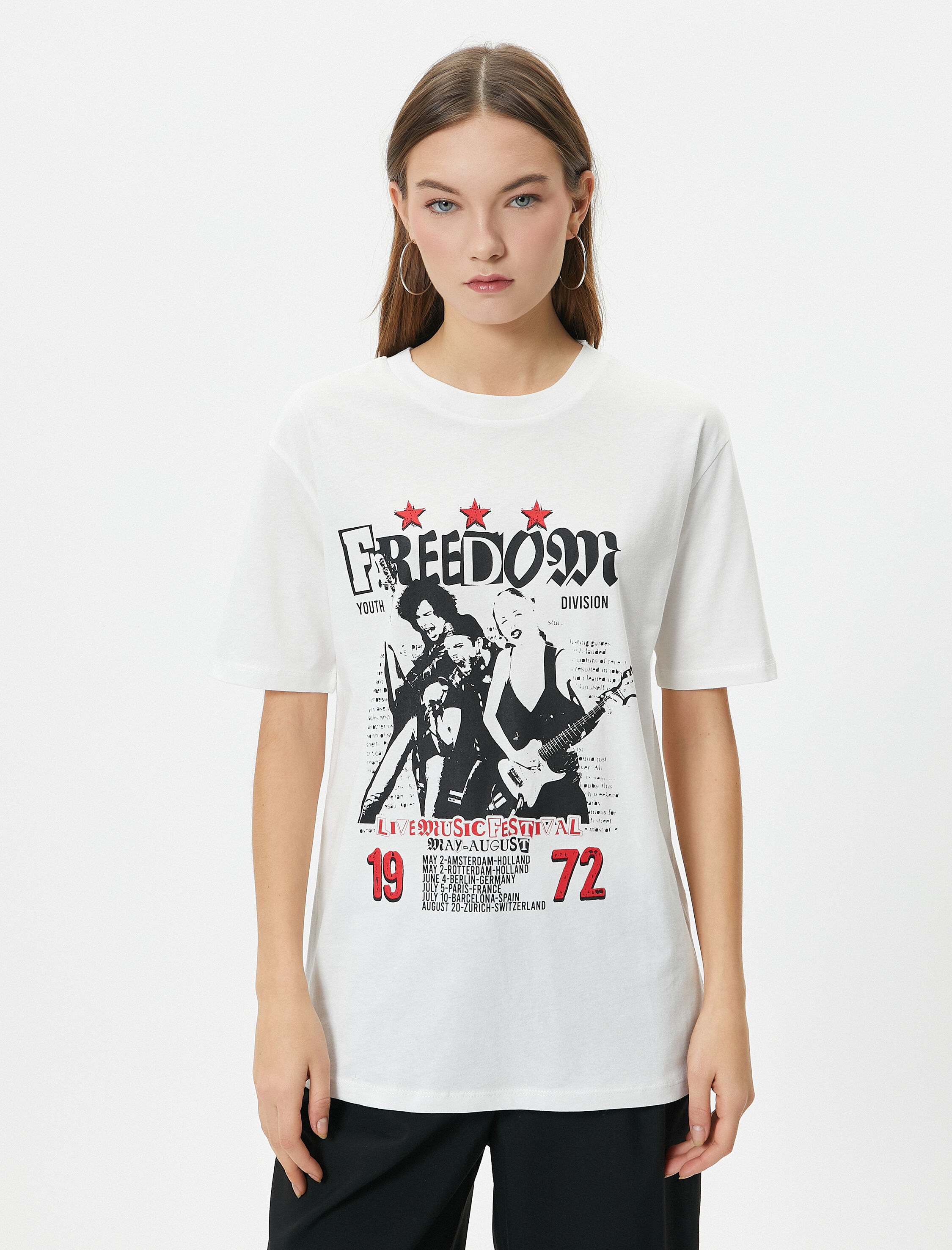   Müzik Temalı Baskılı Tişört Kısa Kollu Bisiklet Yaka Pamuklu