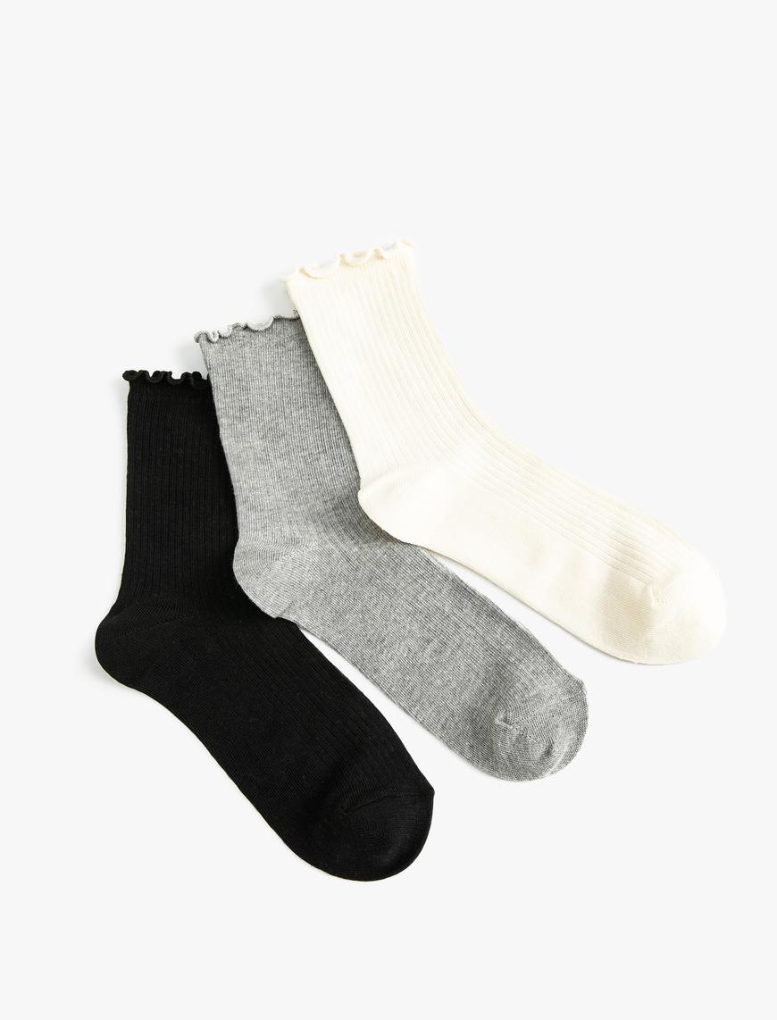  Kadın 3'lü Soket Çorap Seti Fırfır Detaylı Çok Renkli