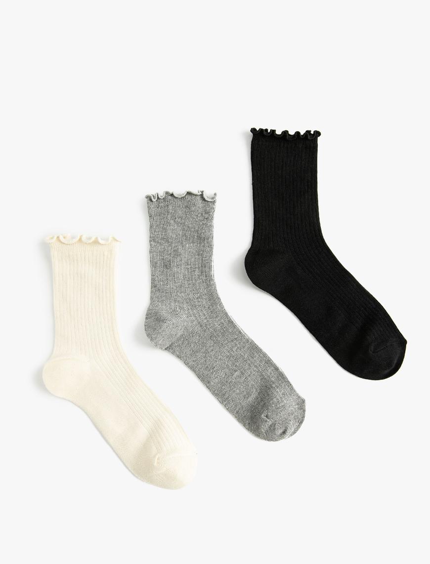  Kadın 3'lü Soket Çorap Seti Fırfır Detaylı Çok Renkli