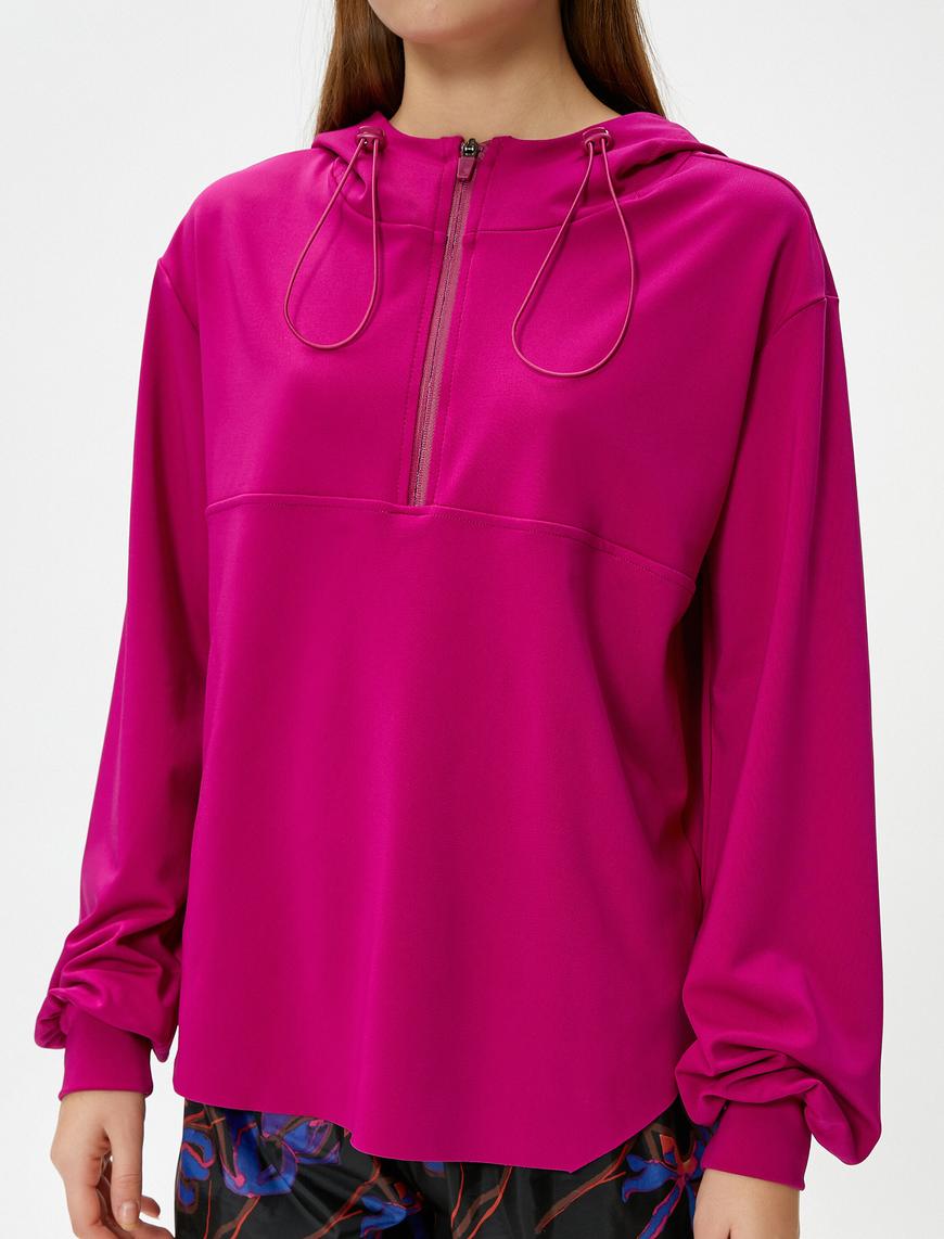   Spor Yarım Fermuarlı Kapüşonlu Sweatshirt Etek Uçları Asimetrik Kesim