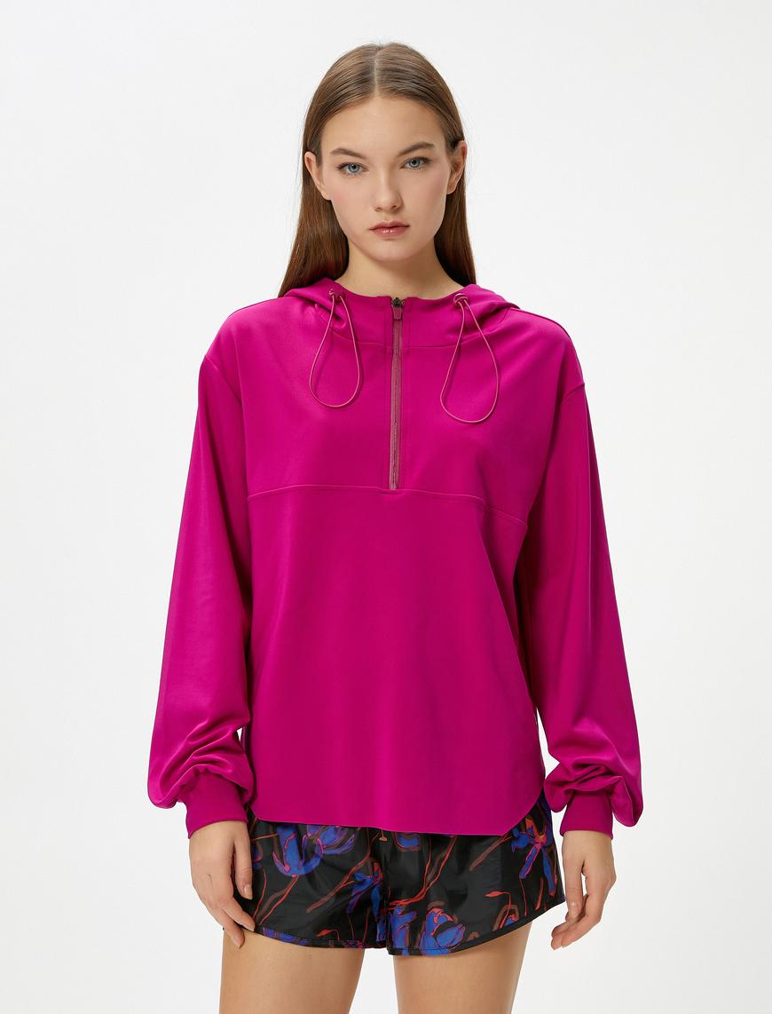   Spor Yarım Fermuarlı Kapüşonlu Sweatshirt Etek Uçları Asimetrik Kesim