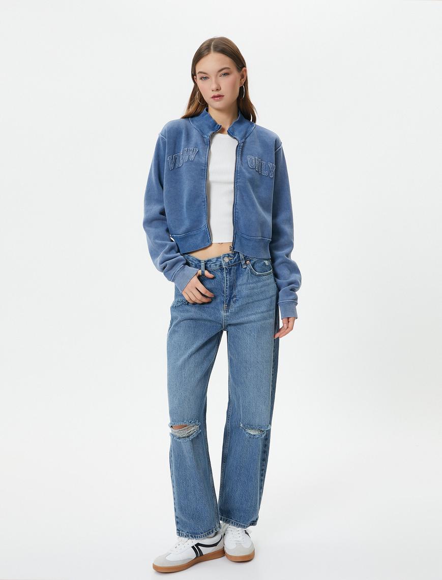   Şardonlu Crop Fermuarlı Sweatshirt Dik Yaka Soluk Efektli Aplike Detaylı Rahat Kalıp